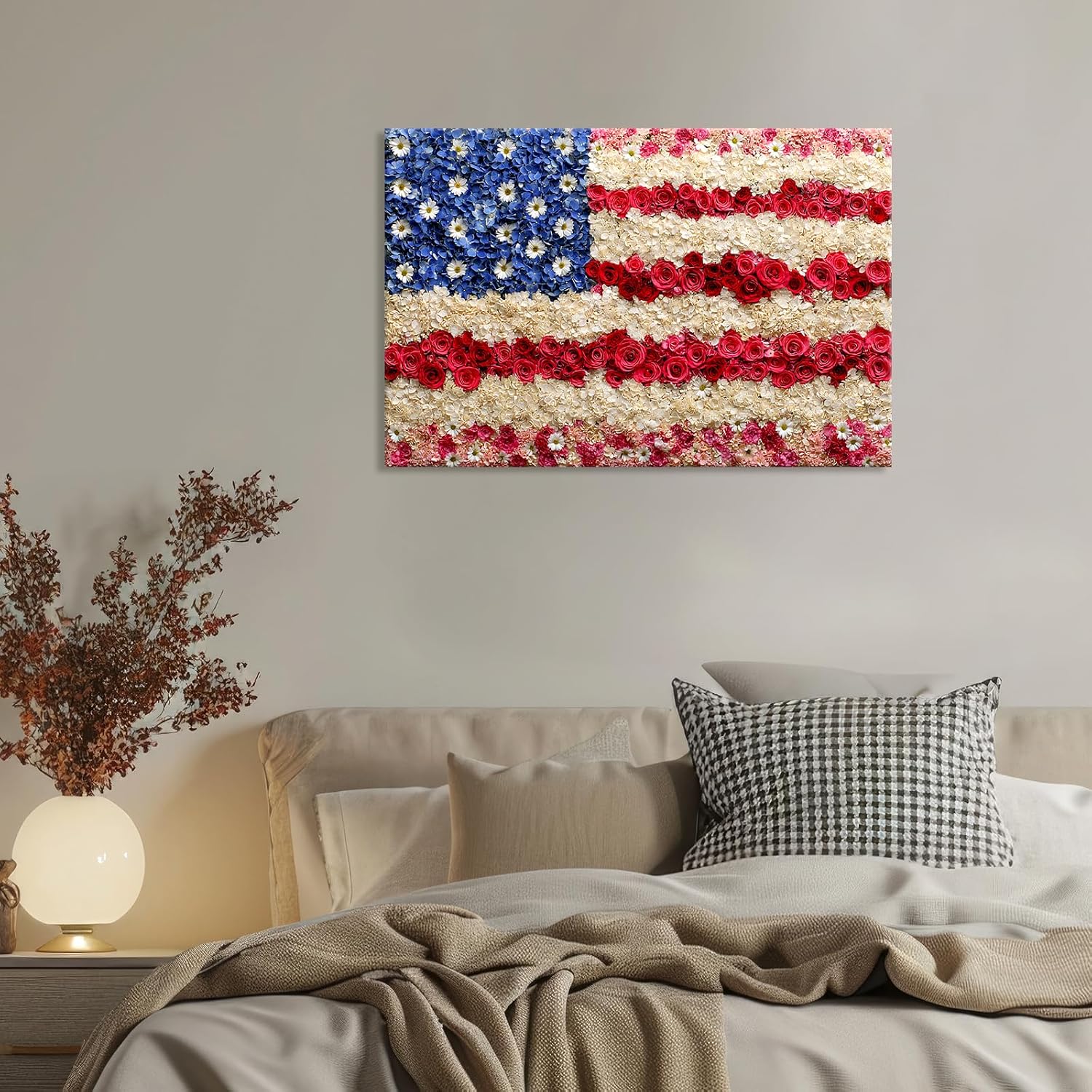 Azatyam American Flag Wall Art Patriotic Floral Picture USA Americana Decor Red White Rose Painting Wildflower Canvas Prints Vintage Country Style Artwork for Living Room Office Bedroom Wall Decor 16" x 24"
