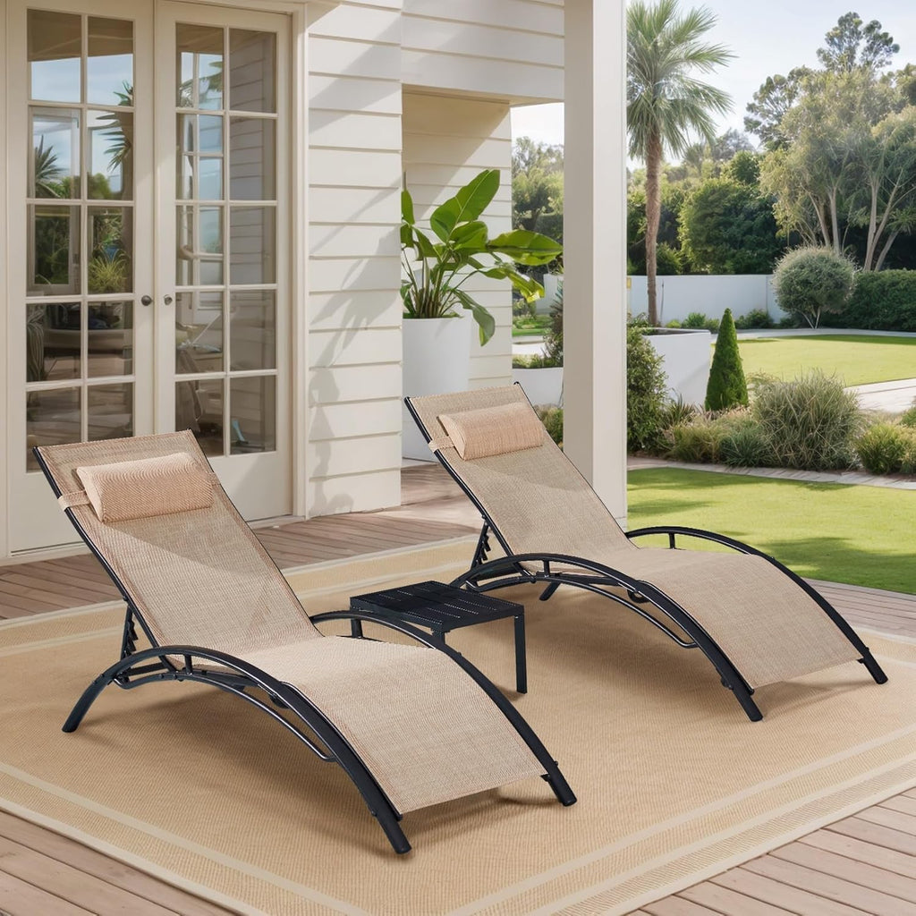 3PC Khaki Reclining Chaise Lounge with Side Table