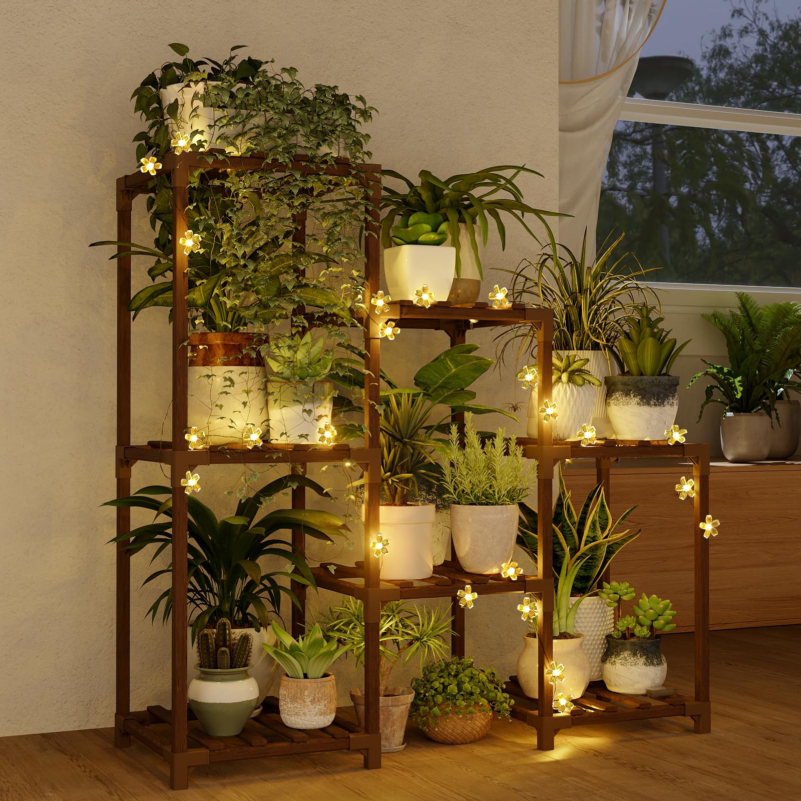 Bamworld Large Plant Shelf Outdoor Wood Plant Stand Large Rack for Living Room Patio, Balcony and Garden