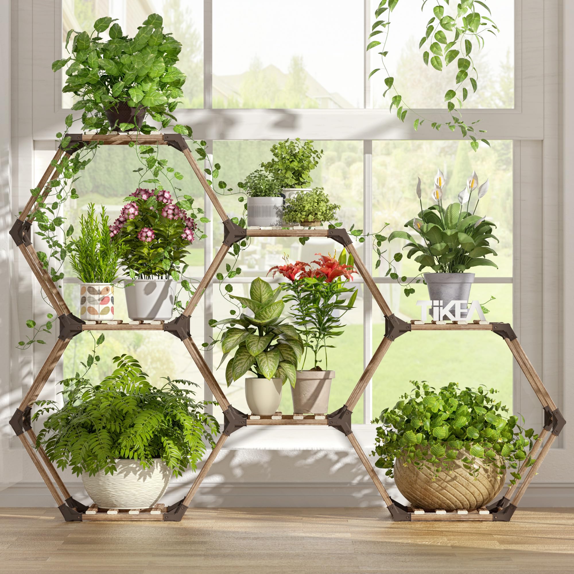 Tikea - Hexagonal Plant Stand Indoor Outdoor Large 11 Tiered Wooden Plant Shelf Indoor Creative Flower Decor for Living Room Balcony Patio