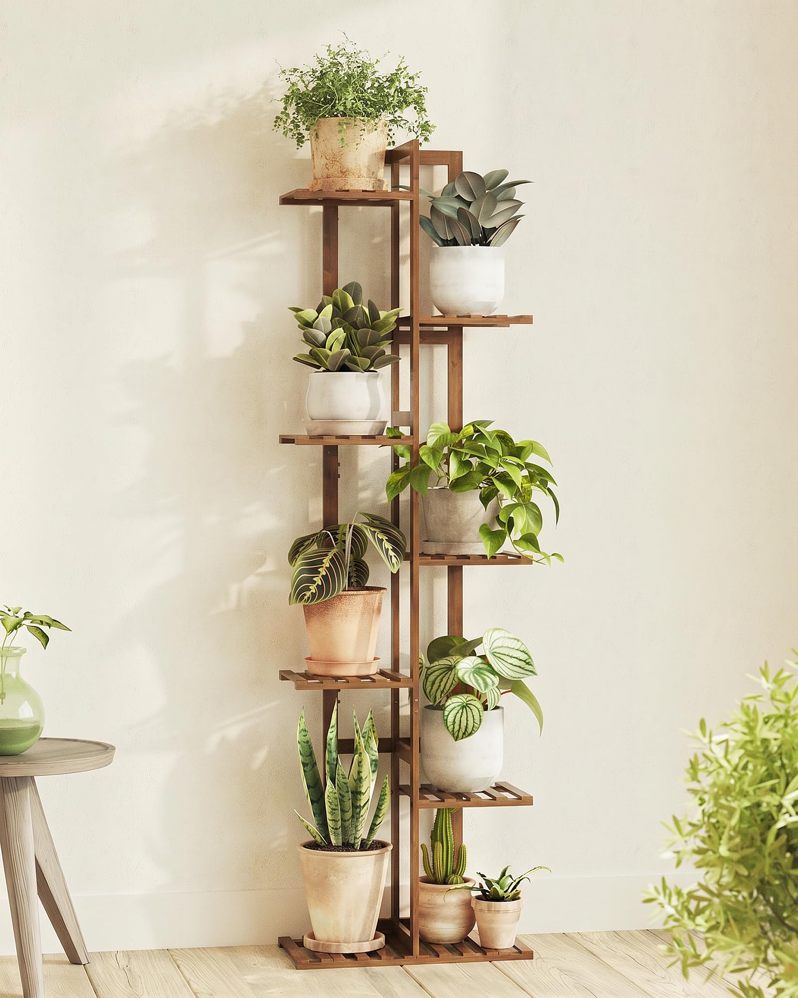 7-Tier Bamboo Plant Stand, Indoor Outdoor Corner Flower Shelf