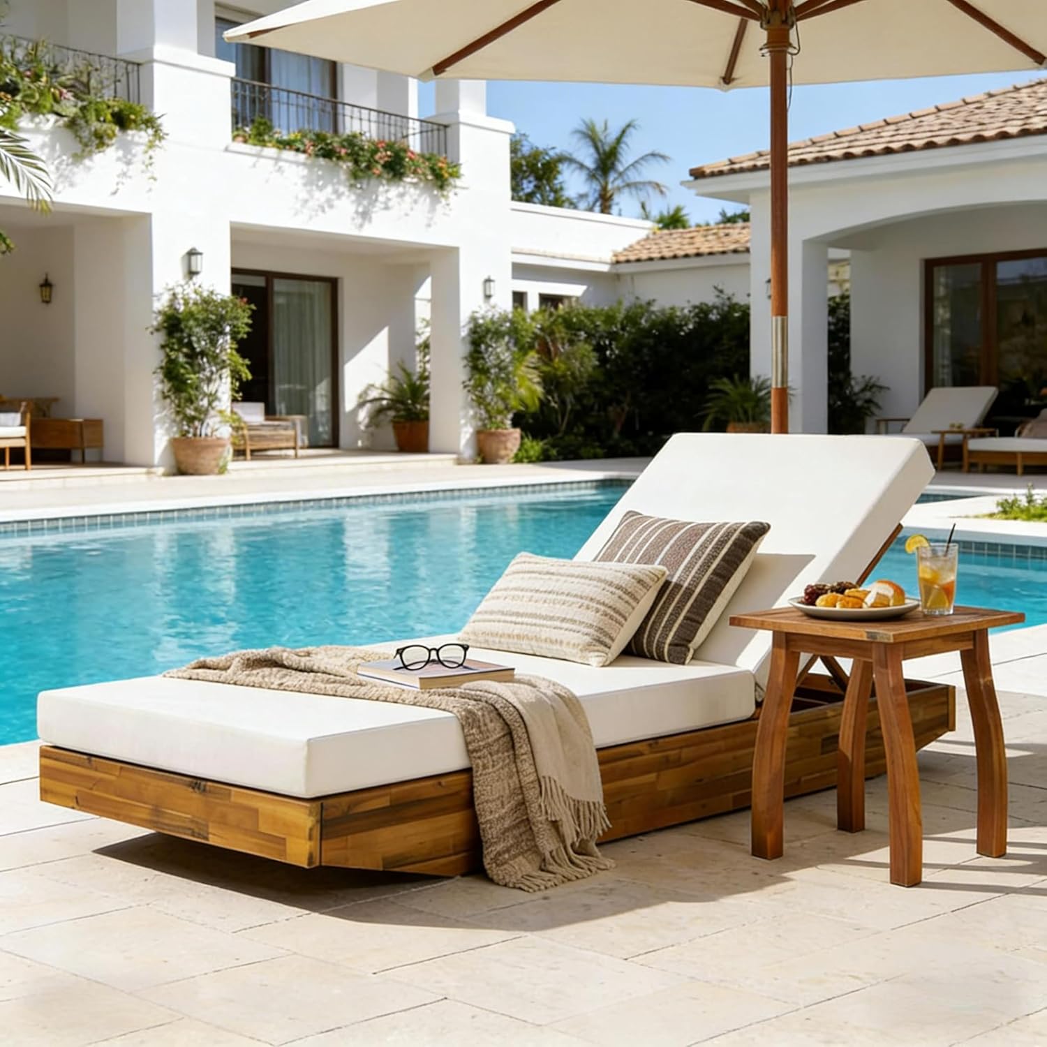 Maril Acacia Wood Chaise Lounge, Adjustable Backrest with Water-Resistant Cushion, Teak & Cream