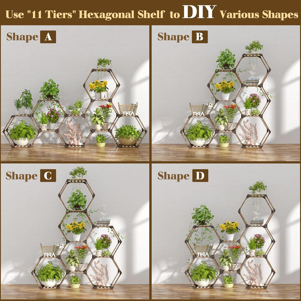 Tikea - Hexagonal Plant Stand Indoor Outdoor Large 11 Tiered Wooden Plant Shelf Indoor Creative Flower Decor for Living Room Balcony Patio