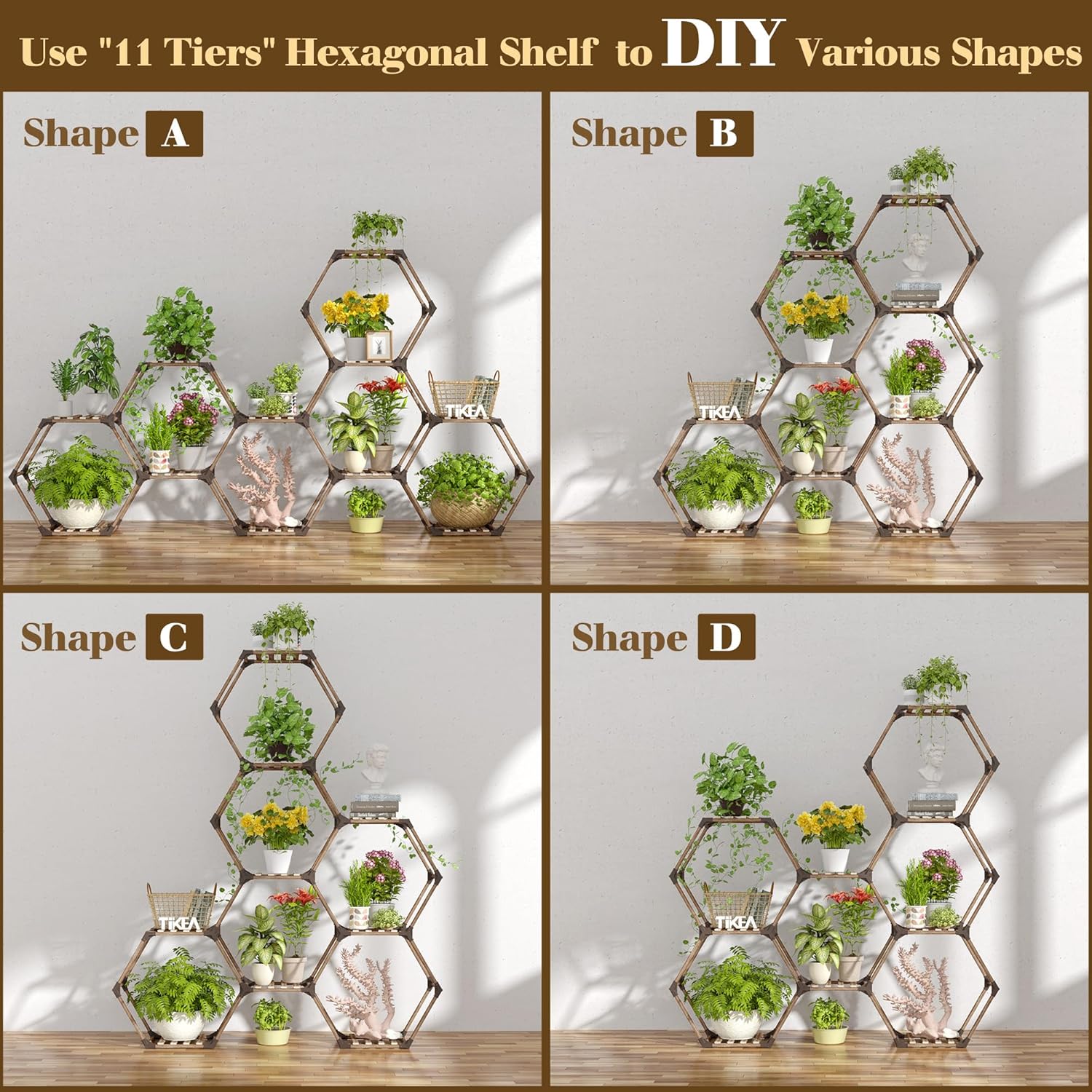 Tikea - Hexagonal Plant Stand Indoor Outdoor Large 11 Tiered Wooden Plant Shelf Indoor Creative Flower Decor for Living Room Balcony Patio
