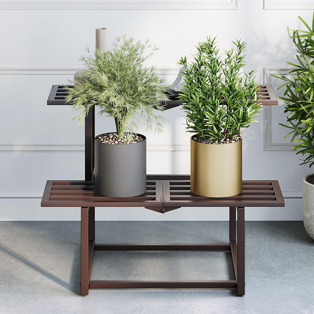 Plant Stand Indoor Outdoor, Foldable Metal Plant Shelf for Multiple Pots, Mid Century Slatted Bench for Patio Garden, Heavy Duty Capacity 330 lbs 2 Tier Coffe