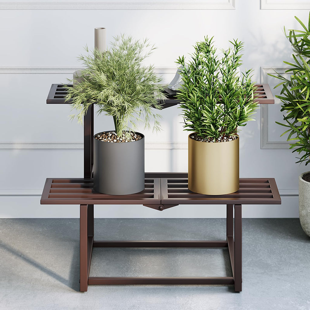Plant Stand Indoor Outdoor, Foldable Metal Plant Shelf for Multiple Pots, Mid Century Slatted Bench for Patio Garden, Heavy Duty Capacity 330 lbs 2 Tier Coffe
