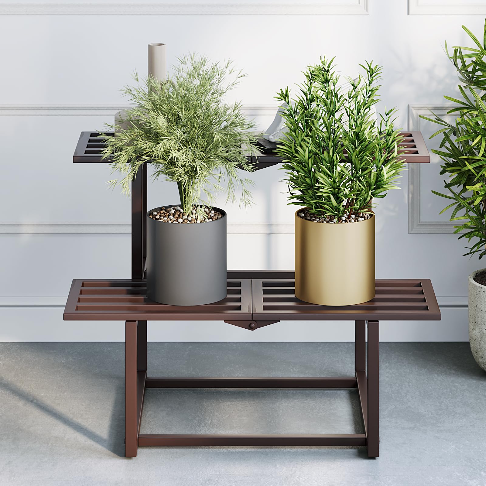 Plant Stand Indoor Outdoor, Foldable Metal Plant Shelf for Multiple Pots, Mid Century Slatted Bench for Patio Garden, Heavy Duty Capacity 330 lbs 2 Tier Coffe