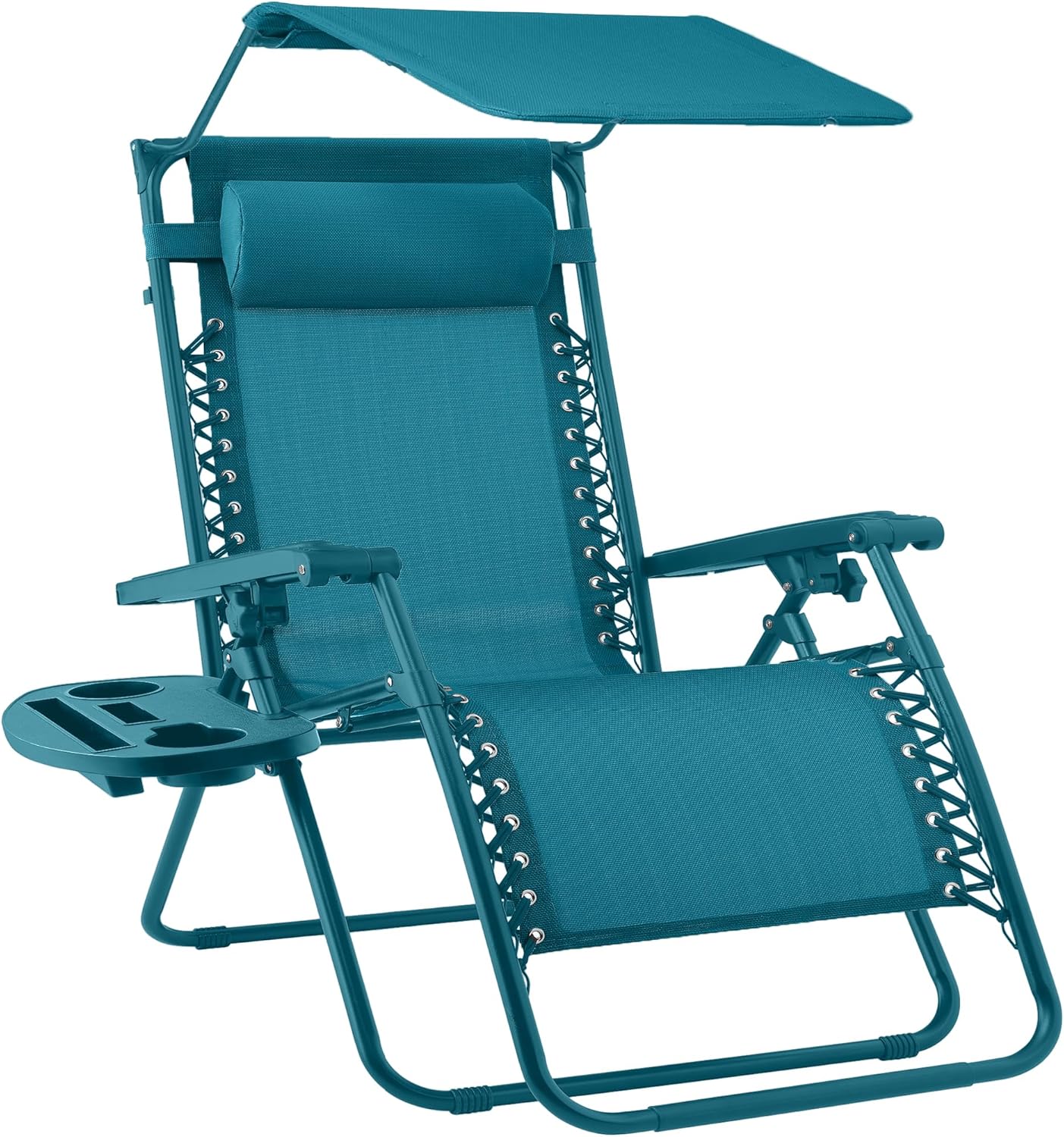 Best Choice Products Folding Zero Gravity Outdoor Recliner Patio Lounge Chair w/Adjustable Canopy Shade, Headrest, Side Accessory Tray, Textilene Mesh - Beige