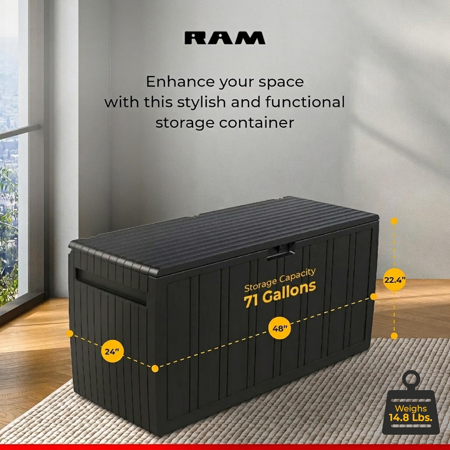 Ram Quality Products 71 Gallon Plastic Outdoor Backyard Storage Bin Deck Box for Patio Furniture Cushions,Tools, and Pool Accessories, Brown