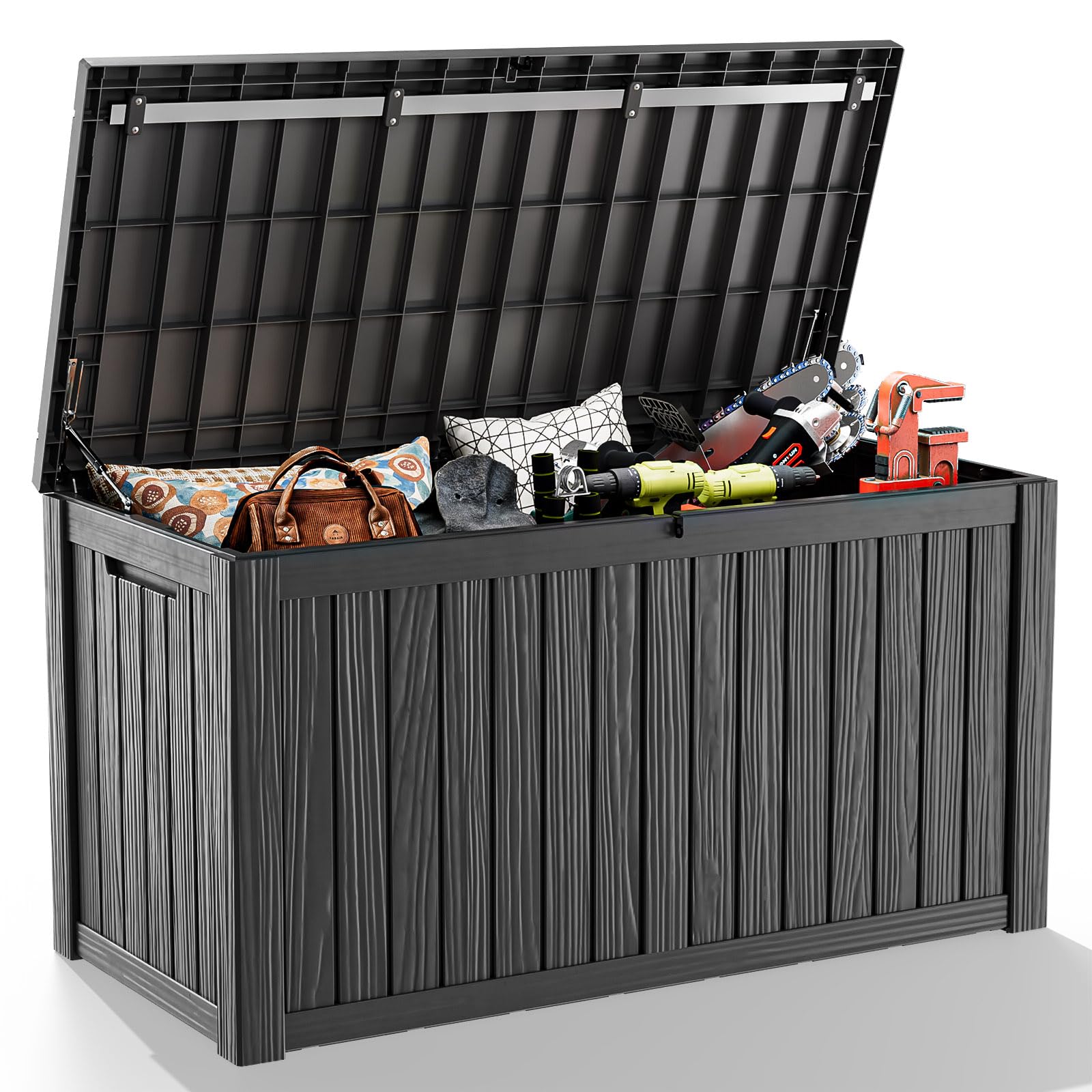 PatioZen 31 Gallon Wicker Pattern Resin Deck Box, Lockable Patio Outdoor Storage Box for Furniture, Garden Tools and Tools Storage, Waterproof Outside Storage Box (Grey)