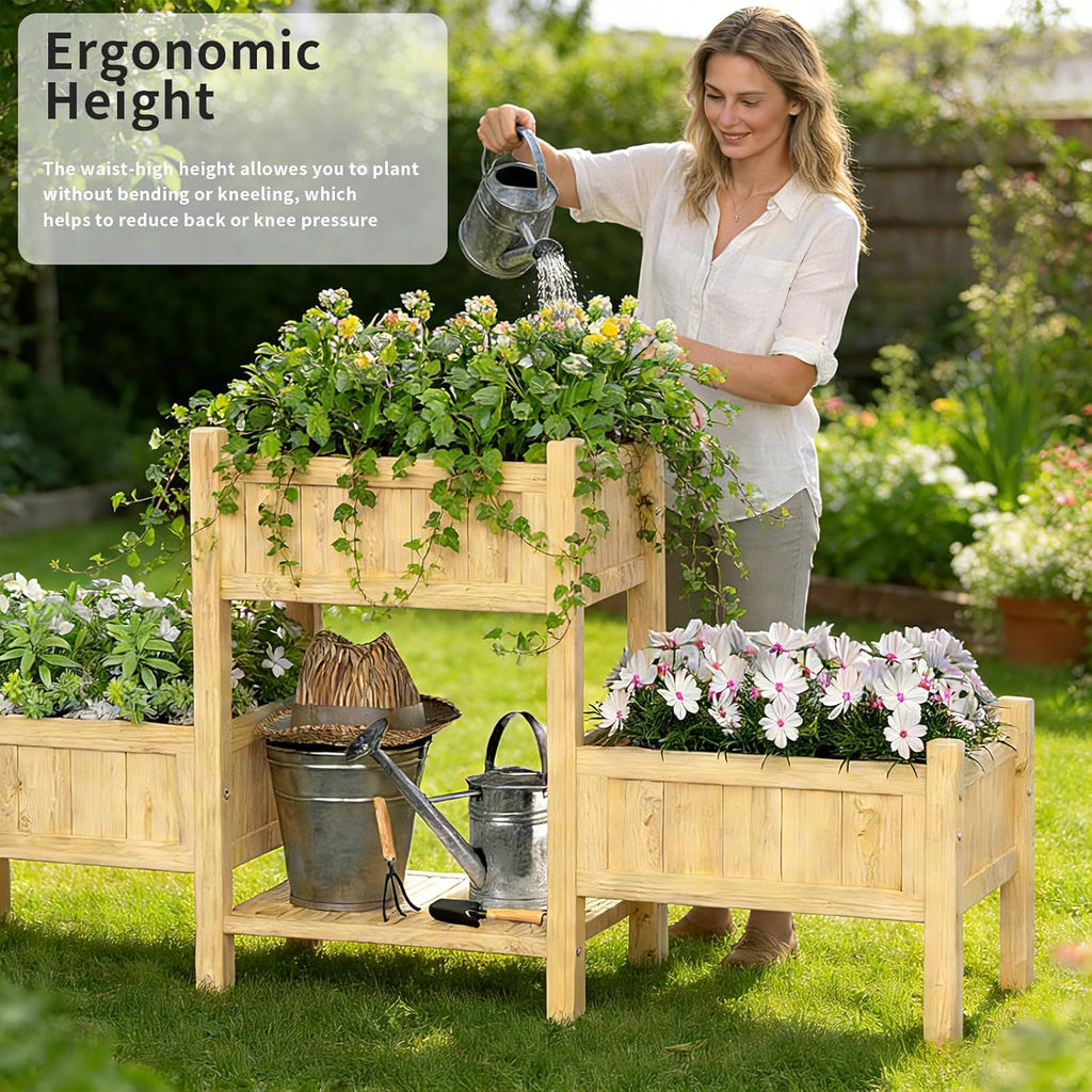 Extra Large Wooden Raised Garden Bed with Legs & Storage Shelf 3 Tier Outdoor Elevated Planter Box for Patios/Herbs/Flowers/Vegetables, Easy Assembly, Natural