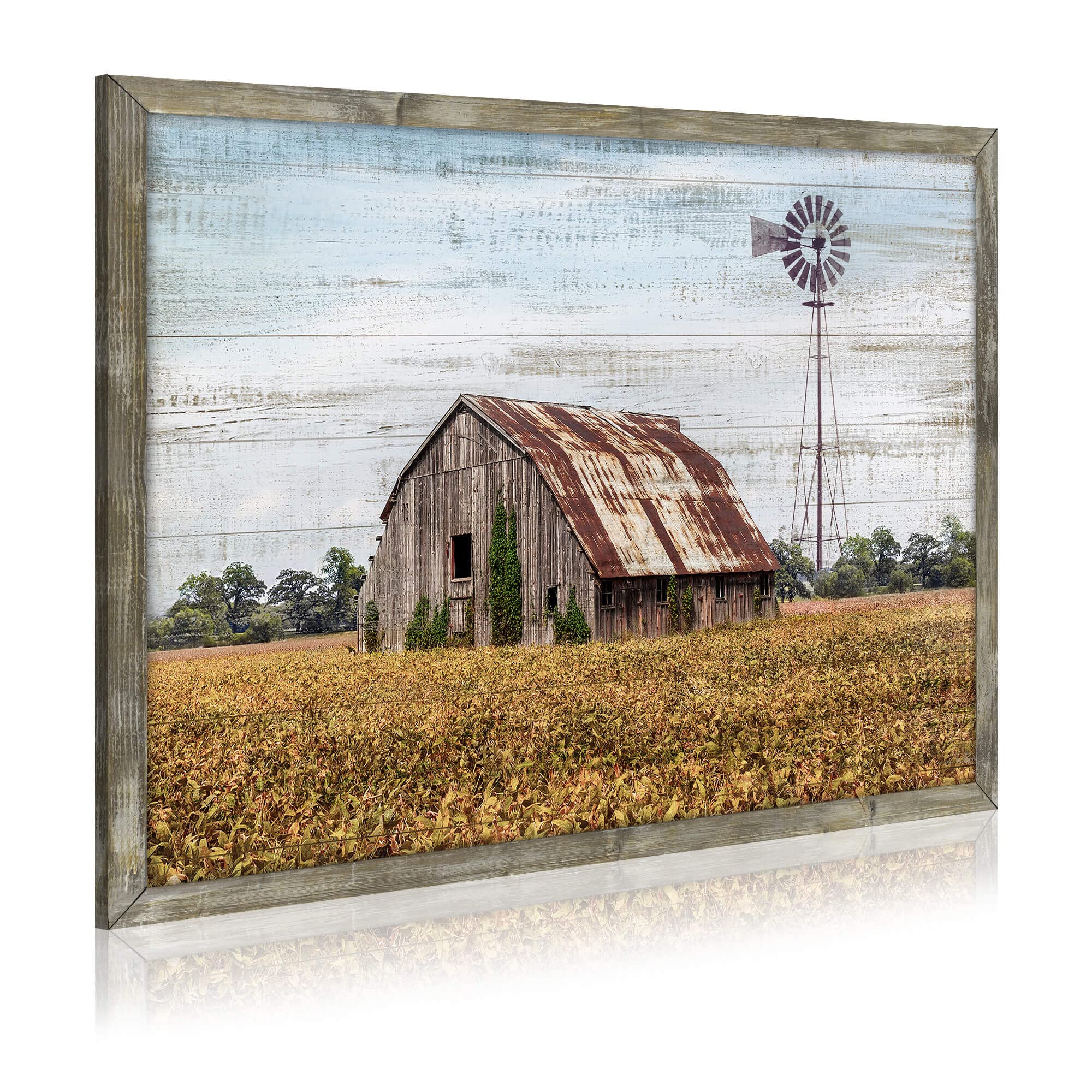 Rustic Landscape Wooden Picture Artwork - Neutral Color Barn with USA Flag Accent Windmill Painting Wall Art Framed