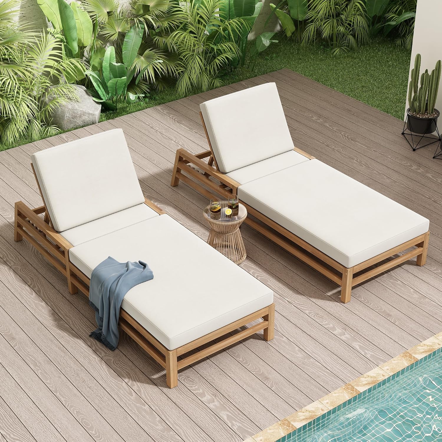 Leisure Zone 5-Position Adjustable Outdoor Chaise Lounge, Solid Acacia Wood Patio Recliner Chair with Beige Thick Weather-Resistant Cushions for Pool, Garden, Balcony (Light Teak)