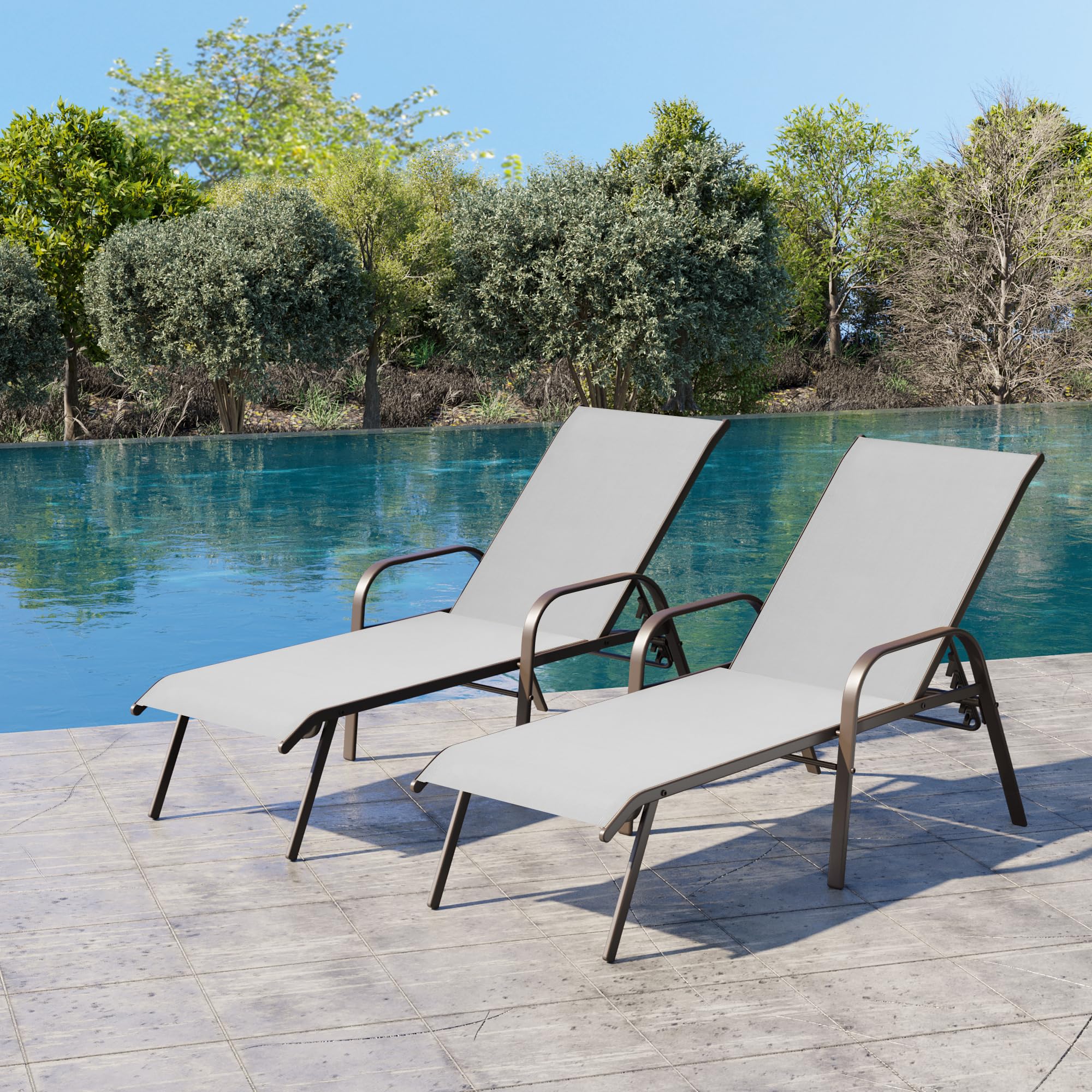 2PC Beige Crestlive Outdoor Chaise Lounge Chair with 5-Position Recline