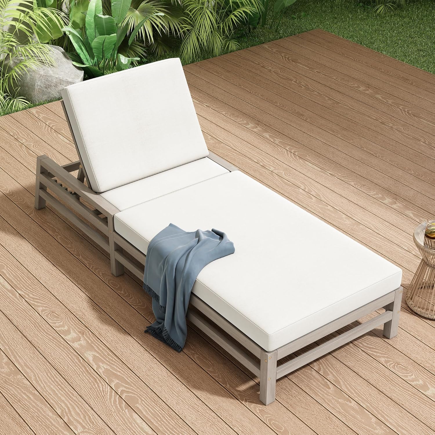 Leisure Zone 5-Position Adjustable Outdoor Chaise Lounge, Solid Acacia Wood Patio Recliner Chair with Beige Thick Weather-Resistant Cushions for Pool, Garden, Balcony (Light Teak)