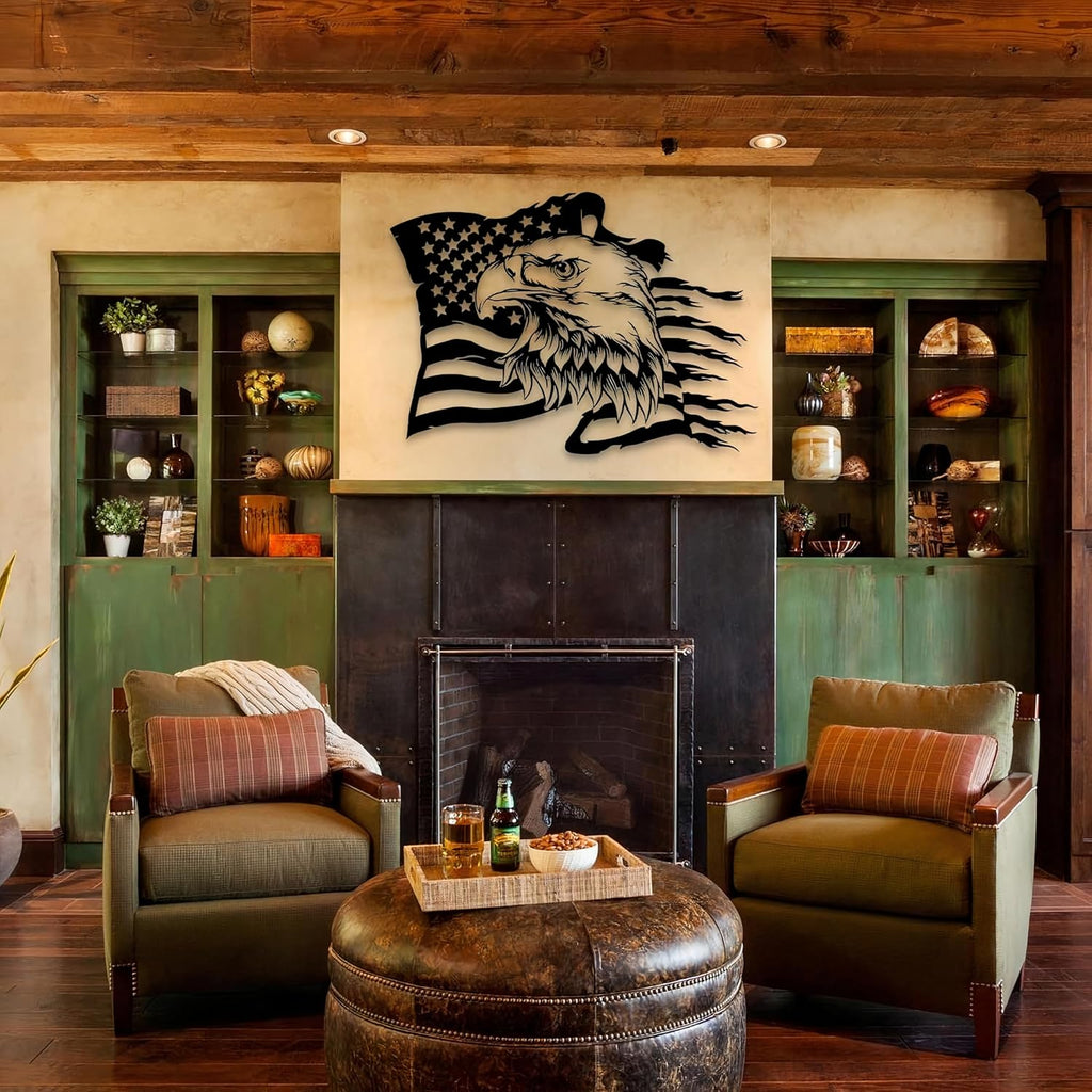 USA Bald Eagle Metal Wall Art, Large Eagle American Flag Metal Wall Decor, Fourth of July Independence Day Flag, Veteran Patriotic Gift for Home, Living Room, Office Sculptures, 4th July Day Gift (23.6" x 16.9" / 60 x 43 cm)