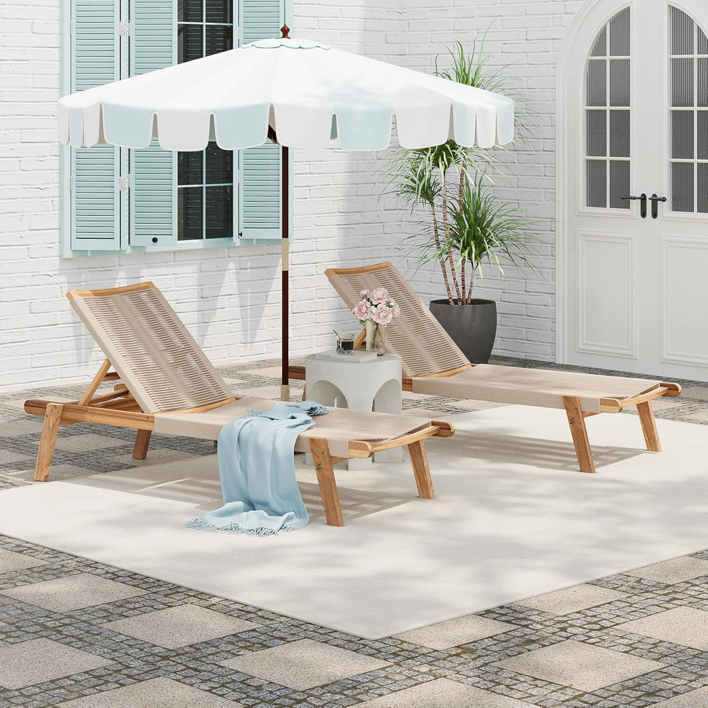 Christopher Knight Home Set of 2 Outdoor Patio Wood Adjustable Chaise Lounges with Rope Seating, Rope Chaise Lounge with Acacia Wood Frame, Chaise Lounge for Poolside, Balcony, Yard, Teak+Beige