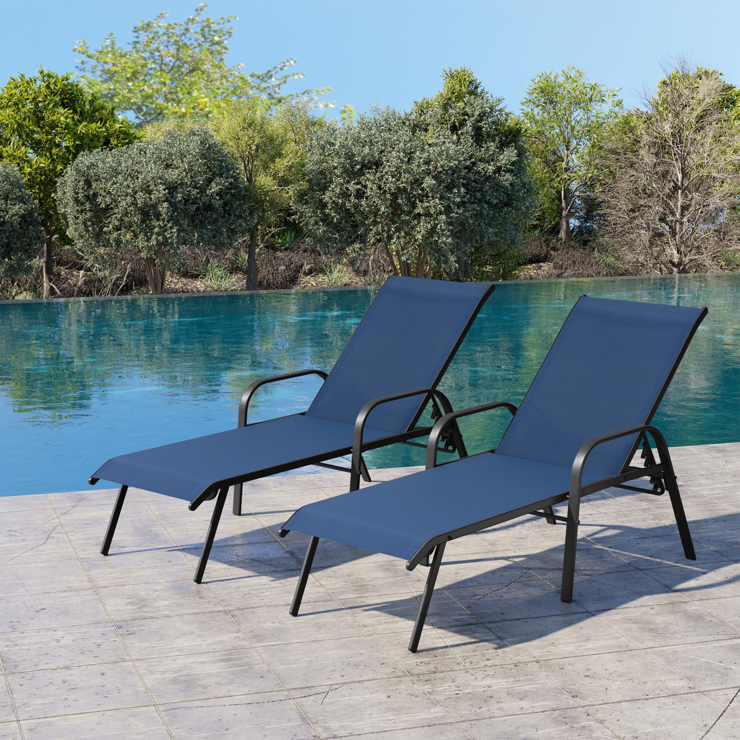 2PC Beige Crestlive Outdoor Chaise Lounge Chair with 5-Position Recline