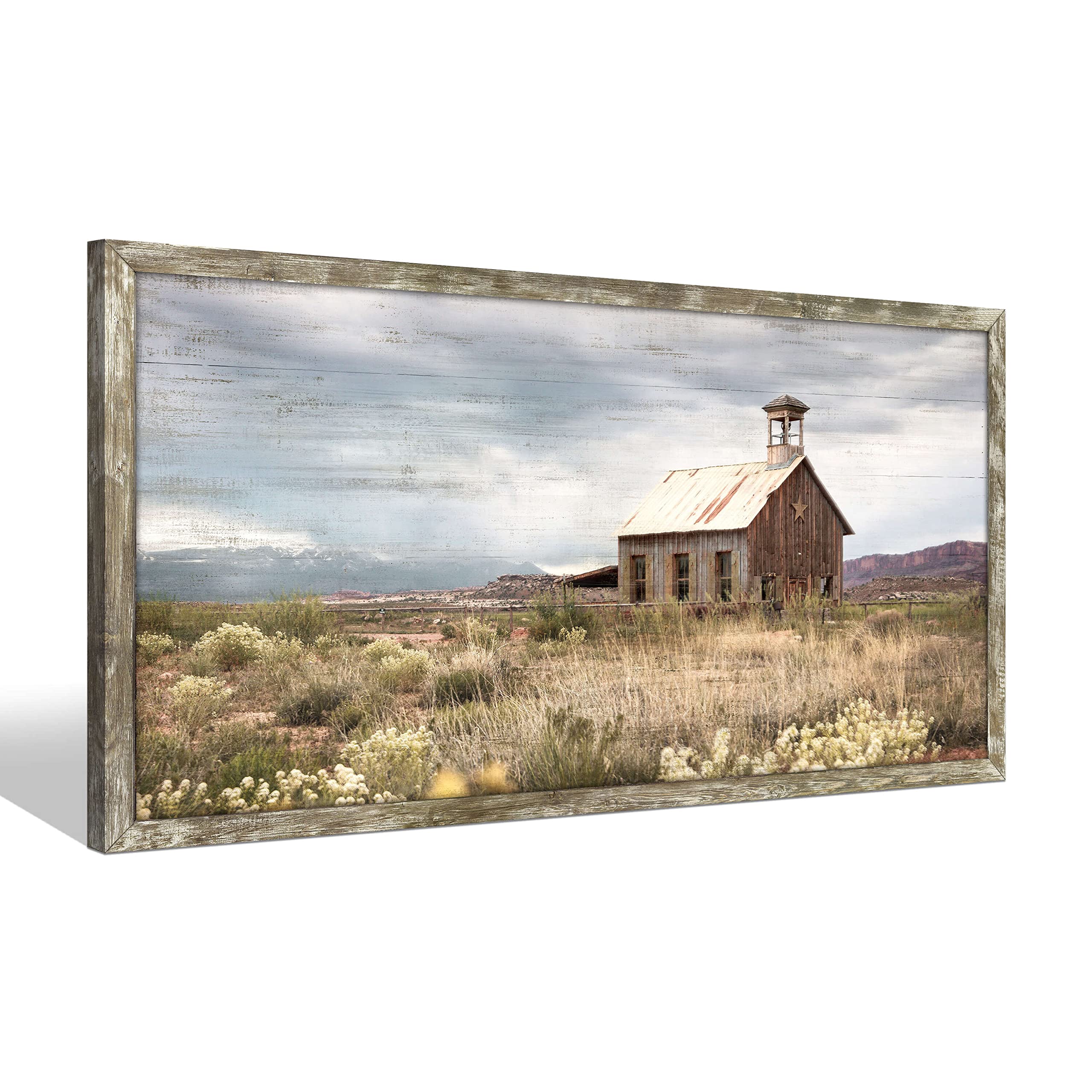 Farmhouse Wood Wall Art Picture: Living Room Framed Rustic Old Barn American Flag Painting Decor Bedroom Large Black White Country Rural Farm Scene Print Horizontal Patriotic Countryside Nature