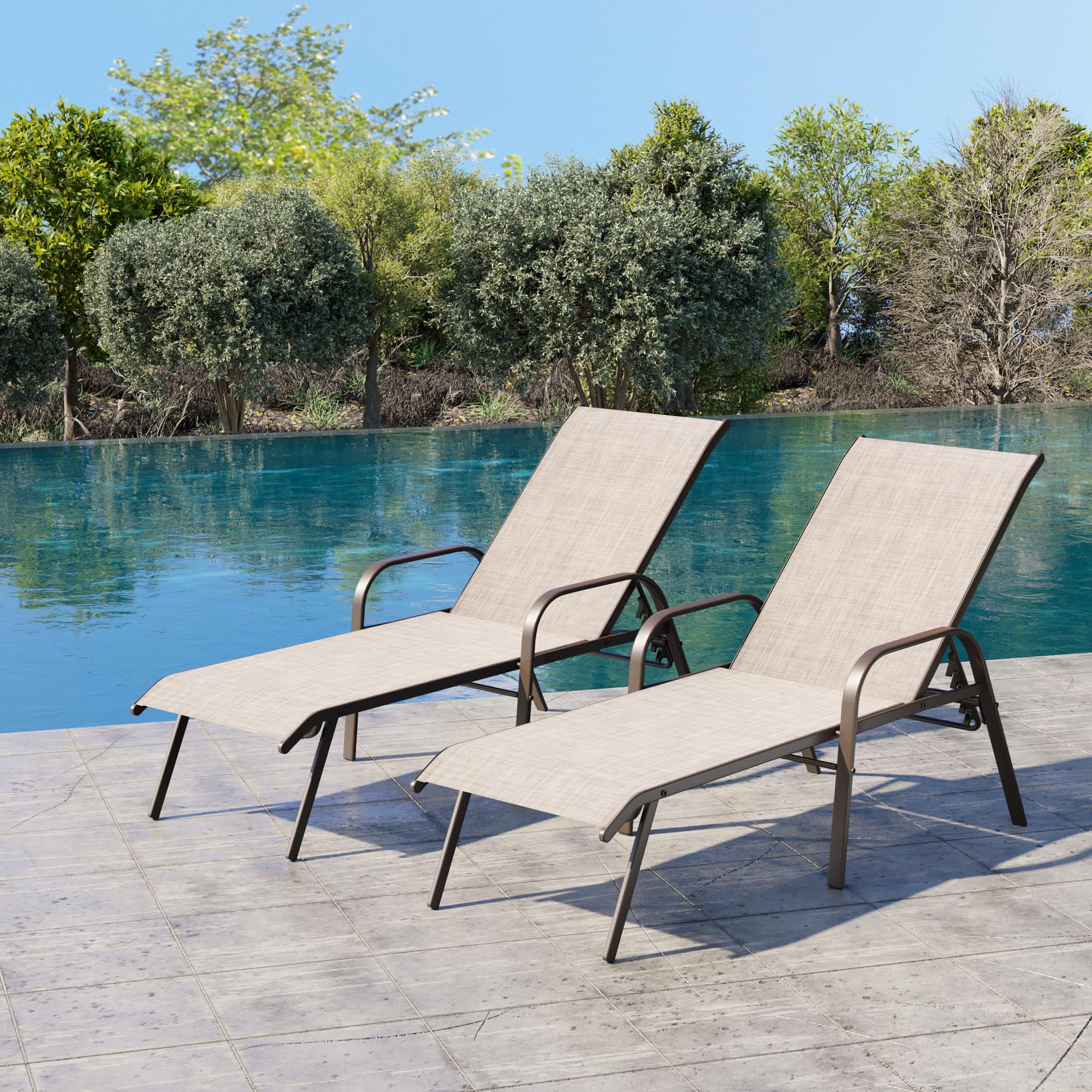 2PC Beige Crestlive Outdoor Chaise Lounge Chair with 5-Position Recline
