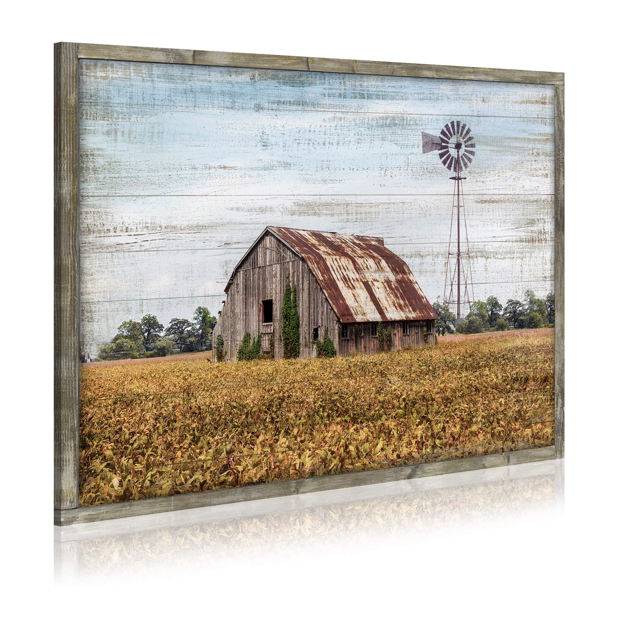 Rustic Landscape Wooden Picture Artwork - Neutral Color Barn with USA Flag Accent Windmill Painting Wall Art Framed