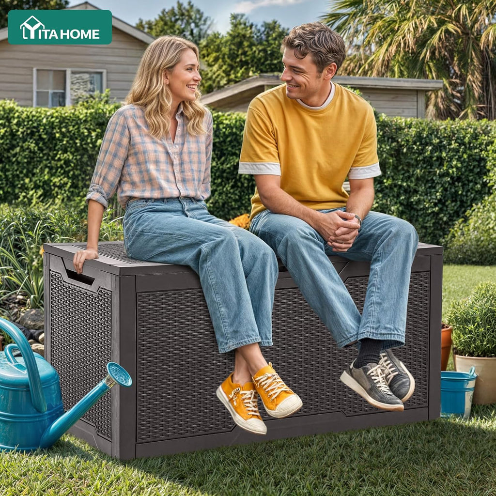 YITAHOME 100 Gallon Resin Deck Box, Weather Resistant Outdoor Storage Box, Lockable Indoor Outdoor Storage for Supplies and Essentials, Dark Brown