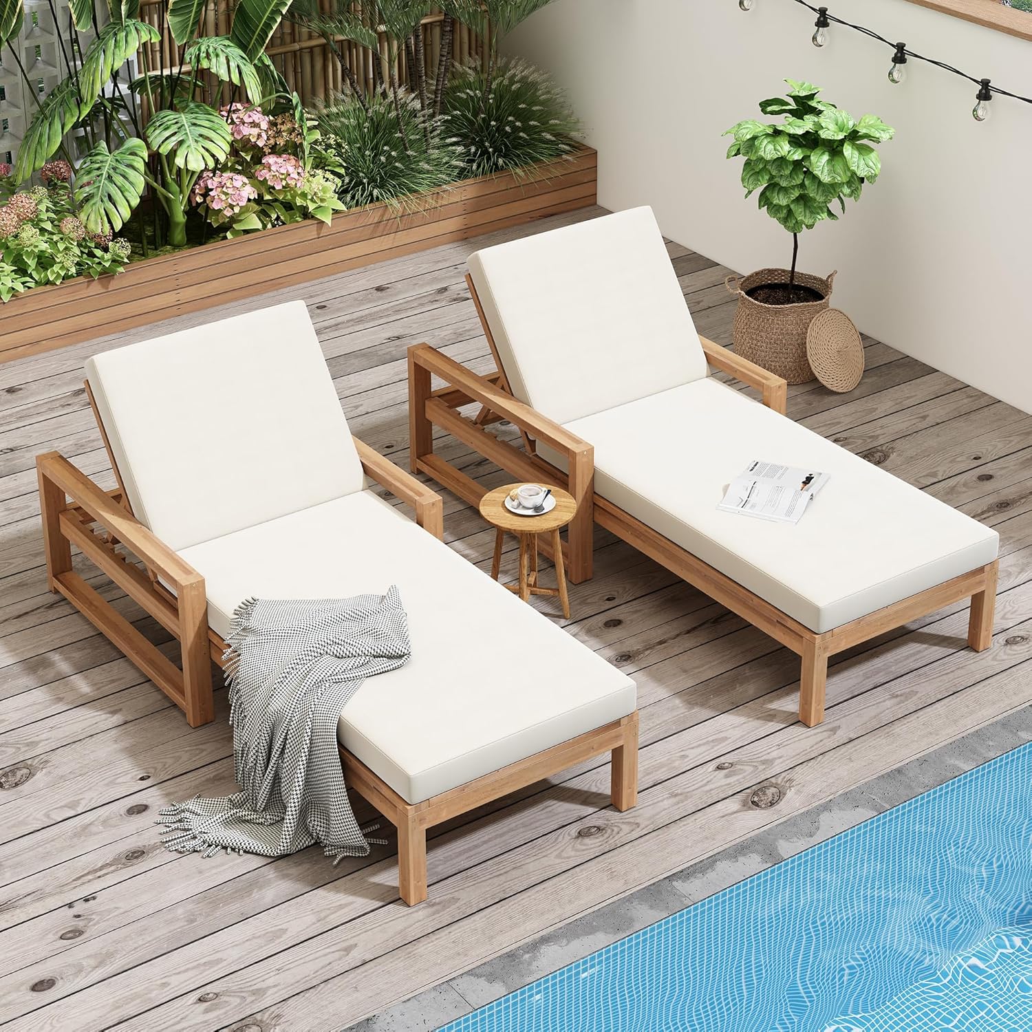 Leisure Zone 5-Position Adjustable Outdoor Chaise Lounge, Solid Acacia Wood Patio Recliner Chair with Beige Thick Weather-Resistant Cushions for Pool, Garden, Balcony (Light Teak)