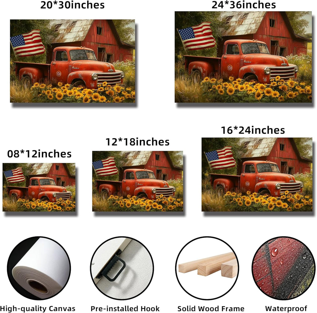 UZWGG 1pcs Framed Wall Art Classic Farmhouse Pastoral Wall Decoration Red Old Barn Truck Canvas Print American Flag Decoration Painting Independence Day Gift Wrapped Canvas 24x36inch(60x90cm)
