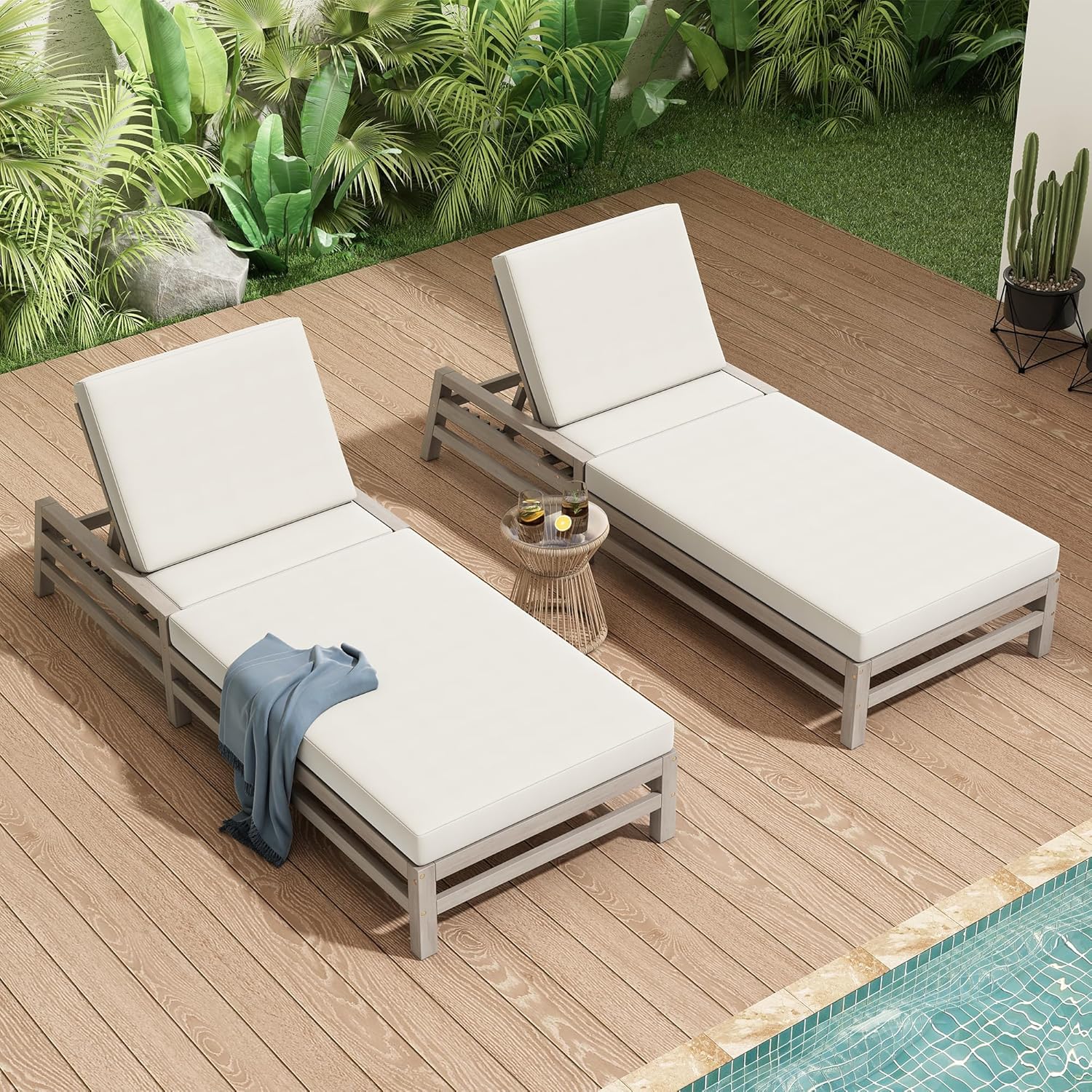 Leisure Zone 5-Position Adjustable Outdoor Chaise Lounge, Solid Acacia Wood Patio Recliner Chair with Beige Thick Weather-Resistant Cushions for Pool, Garden, Balcony (Light Teak)