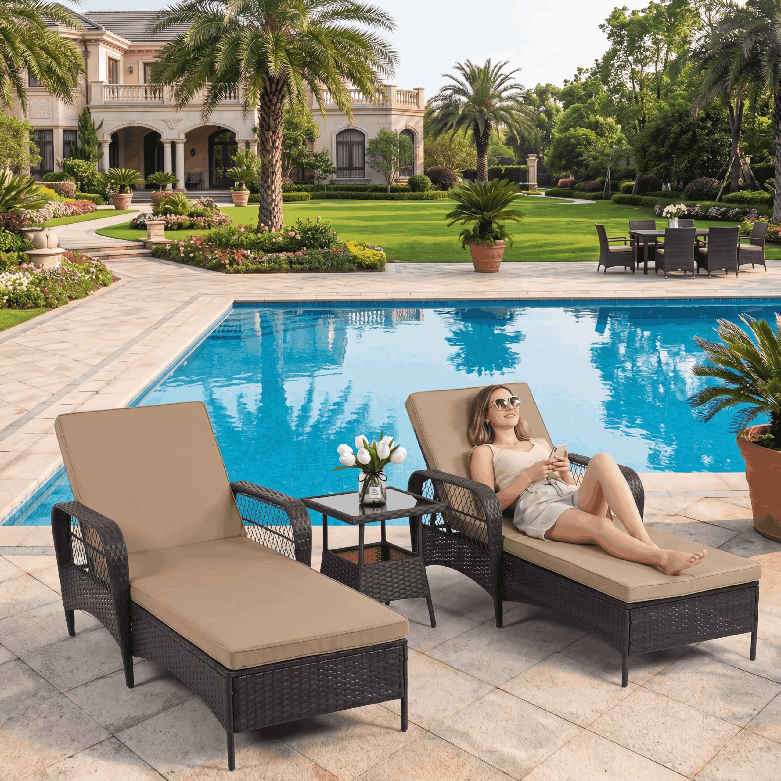 LEVELEVE Outdoor Wicker Chaise Lounge Sets, Patio Recliner Chairs with Tea Table