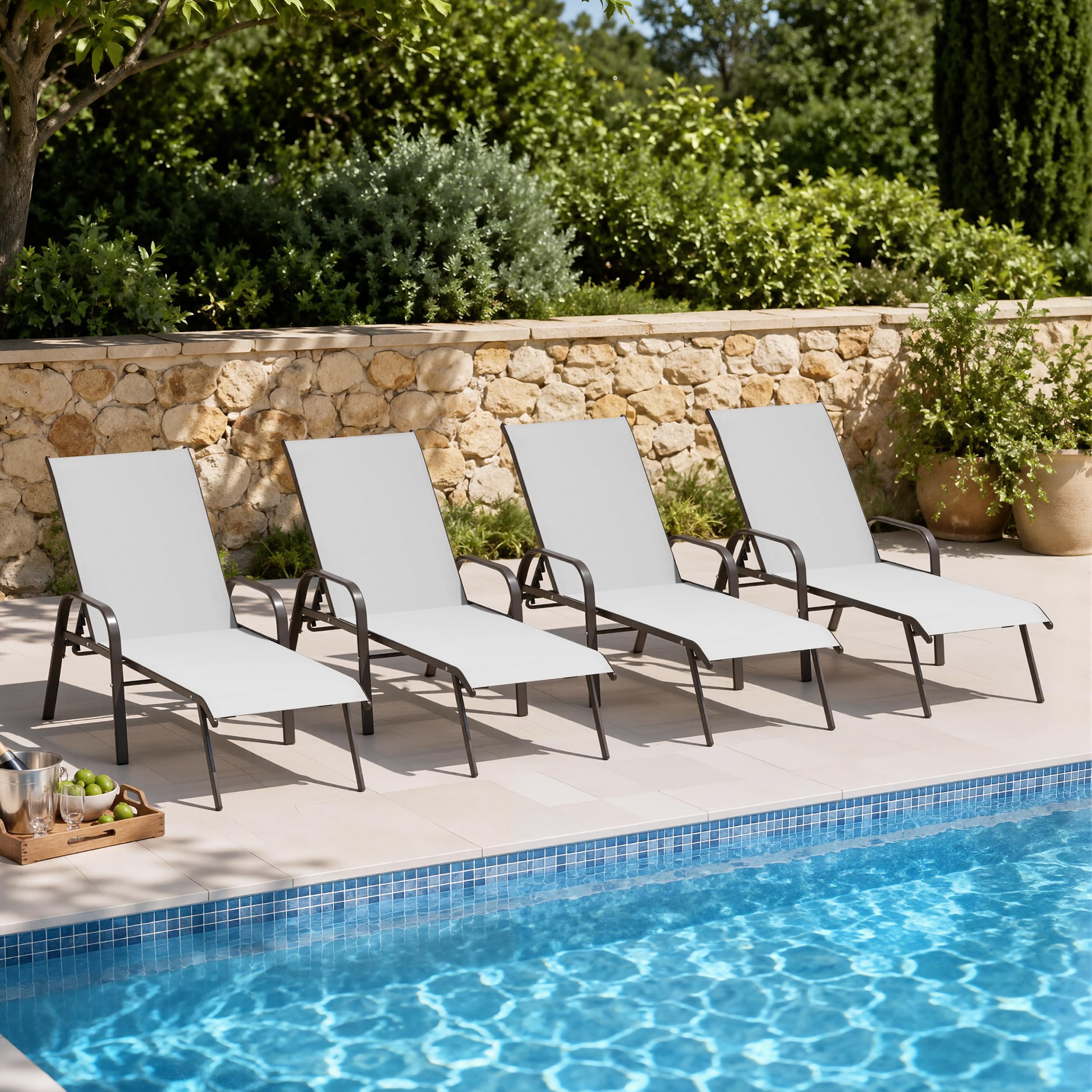 2PC Beige Crestlive Outdoor Chaise Lounge Chair with 5-Position Recline