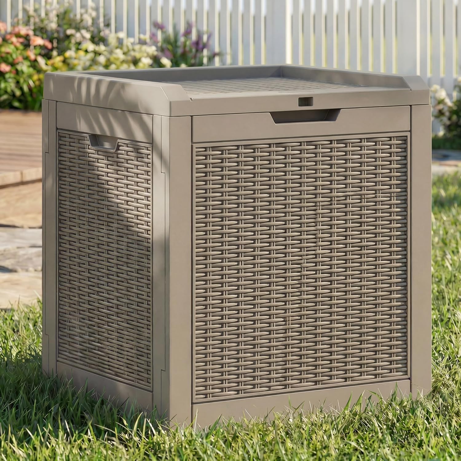 YITAHOME 80 Gallon Resin Deck Box, Weather Resistant Outdoor Rattan Storage Box, Lockable Indoor Outdoor Storage for Supplies and Essentials, Dark Gray