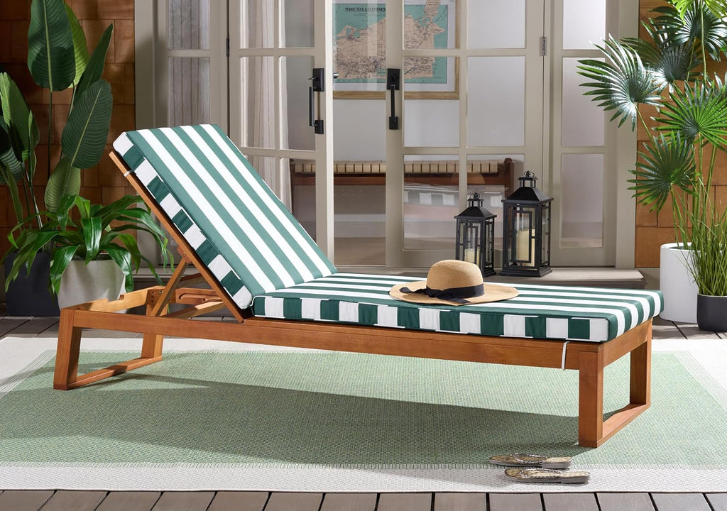 SAFAVIEH Outdoor Patio Furniture Collection - Sophie Natural Brown Solid Wood Chaise Lounge Chair, Adjustable Reclining, Hunter Green Stripe Cushion (PAT7101H)