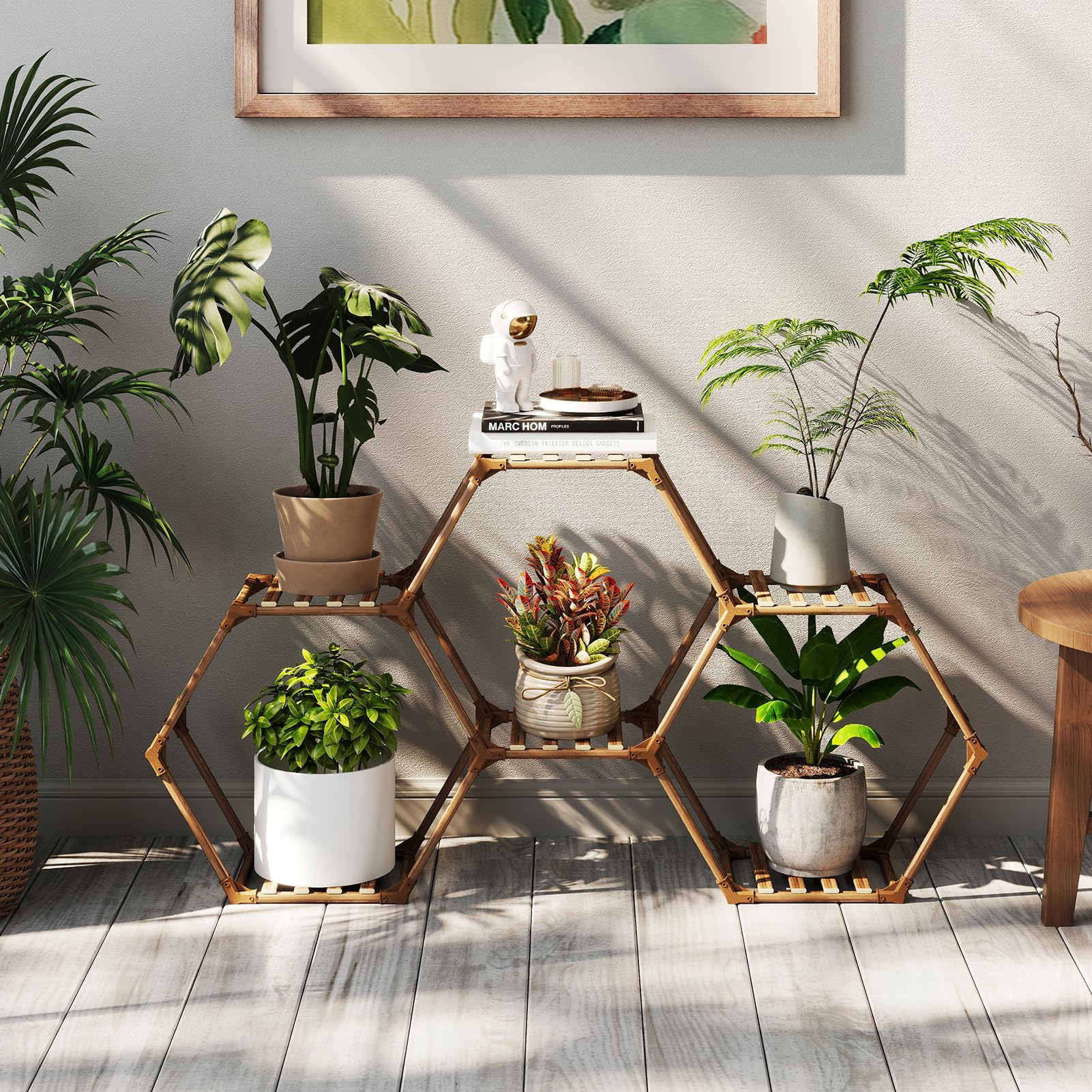 Tikea - Hexagonal Plant Stand Indoor Outdoor Large 11 Tiered Wooden Plant Shelf Indoor Creative Flower Decor for Living Room Balcony Patio
