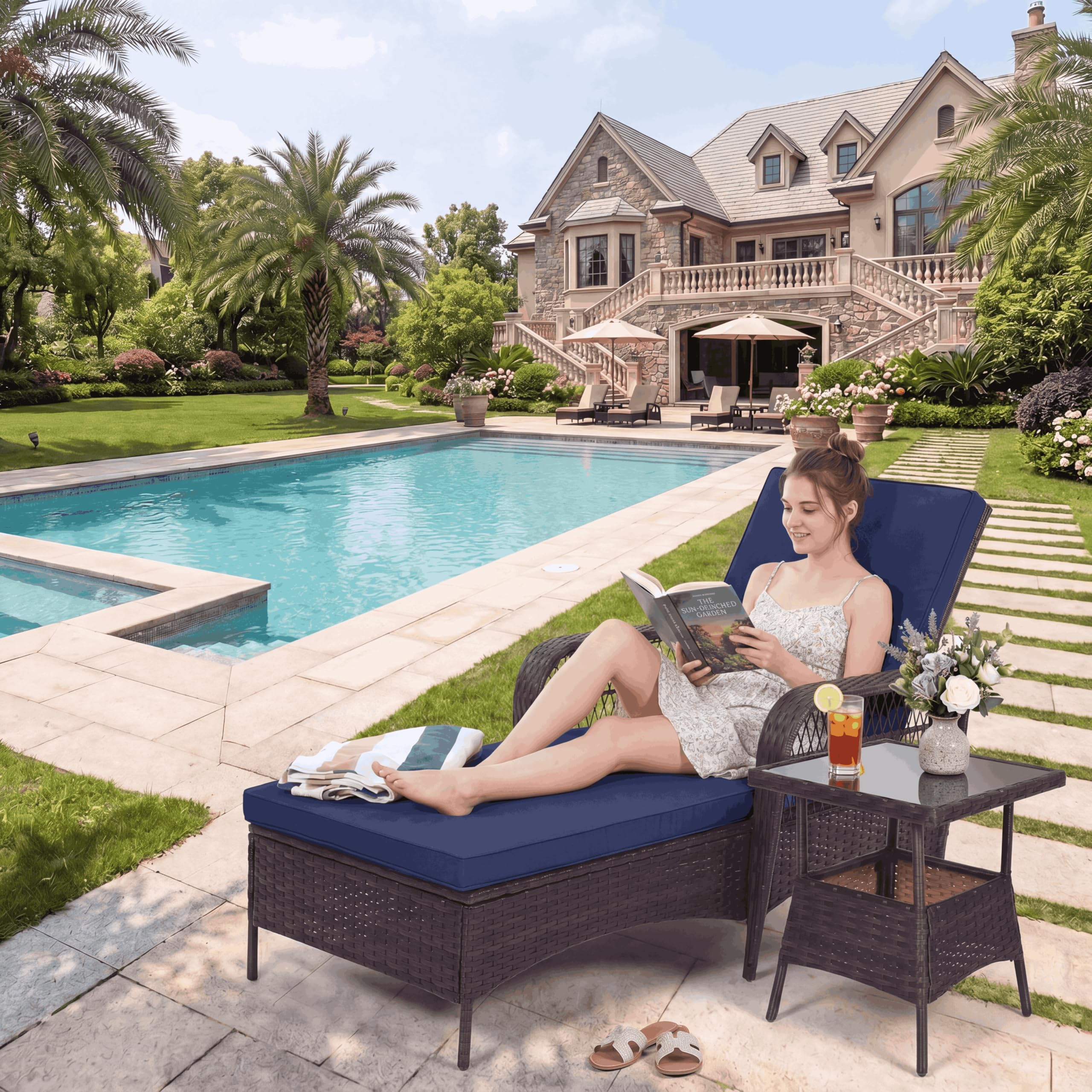 LEVELEVE Outdoor Wicker Chaise Lounge Sets, Patio Recliner Chairs with Tea Table