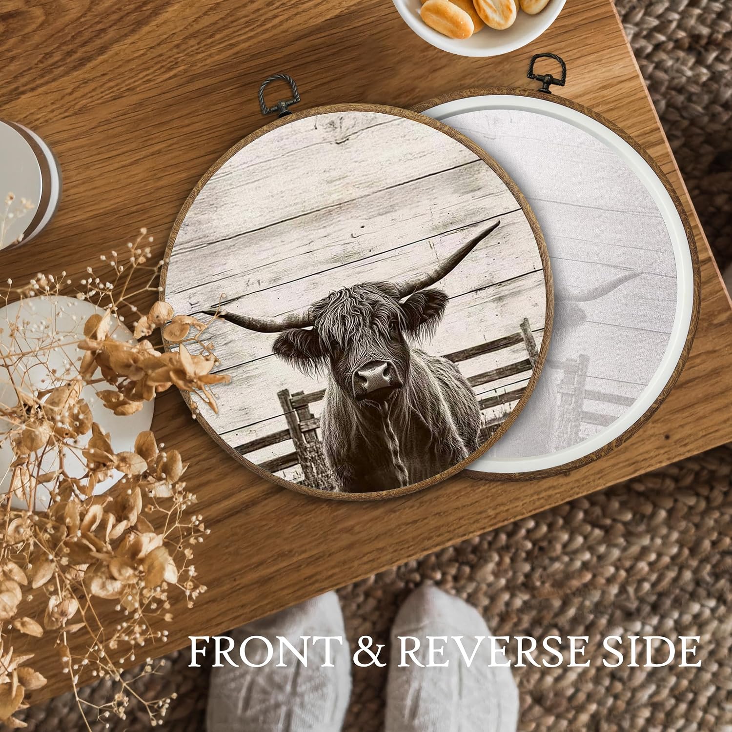 BitKAM Vintage Farmhouse Western Cow Round Wall Art Decor, Rustic Country Canvas Prints Framed, Retro Western Prints Wall Hanging Decorations for Home Bedroom, 10x10 Inch Wall Sculptures Set of 4