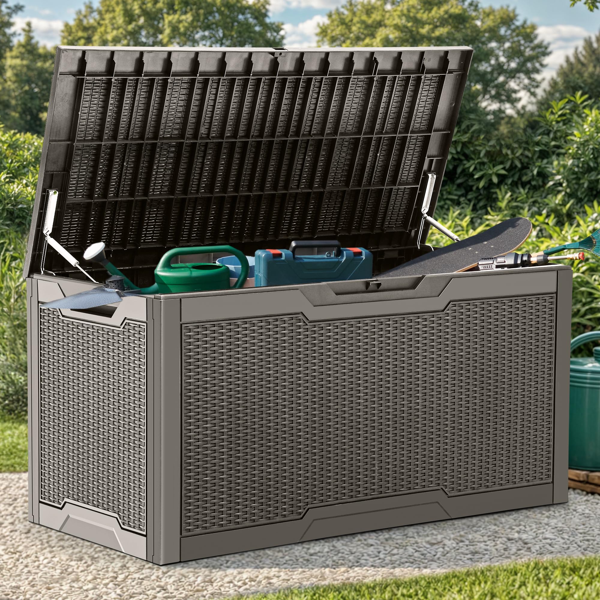 YITAHOME 100 Gallon Resin Deck Box, Weather Resistant Outdoor Storage Box, Lockable Indoor Outdoor Storage for Supplies and Essentials, Dark Brown