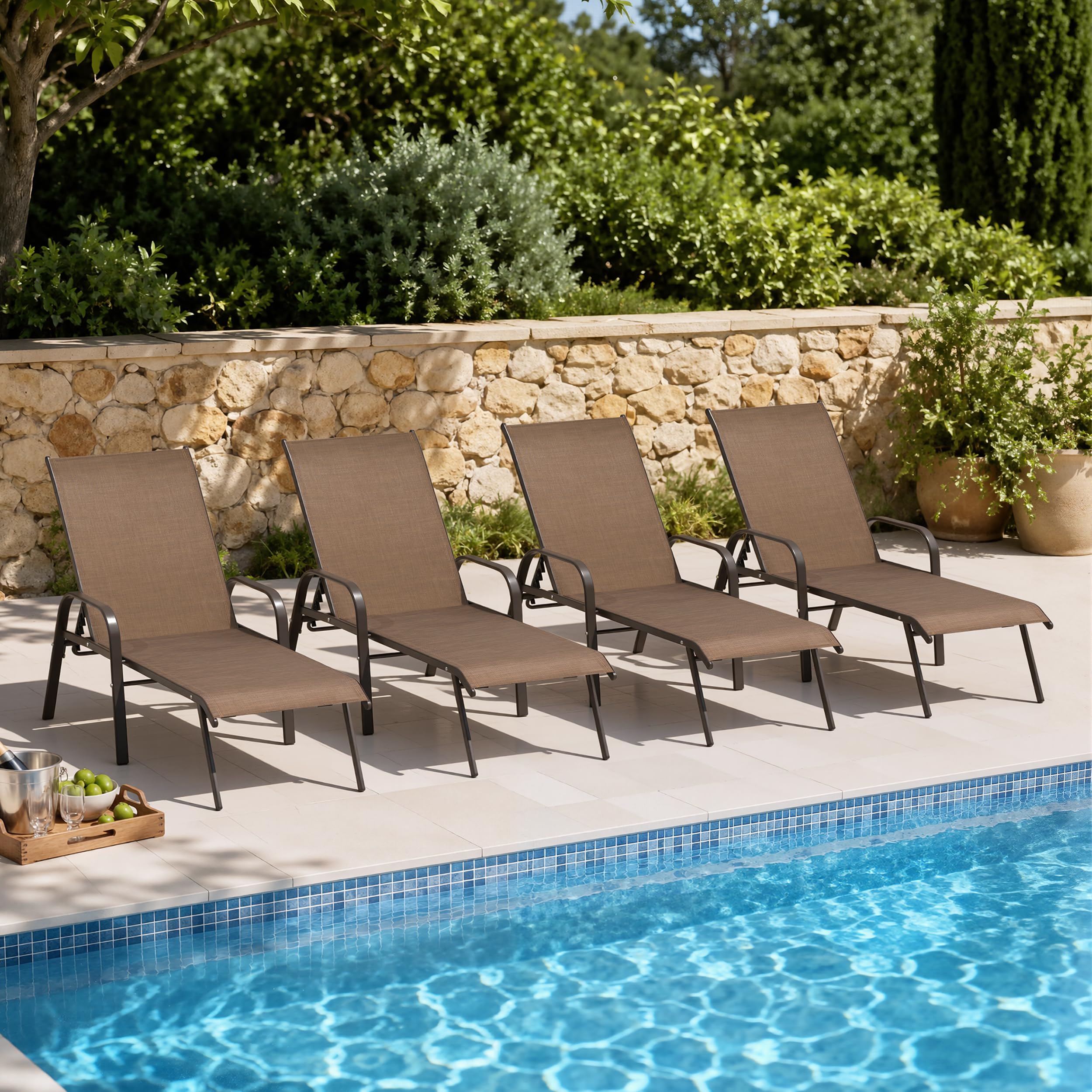 2PC Beige Crestlive Outdoor Chaise Lounge Chair with 5-Position Recline