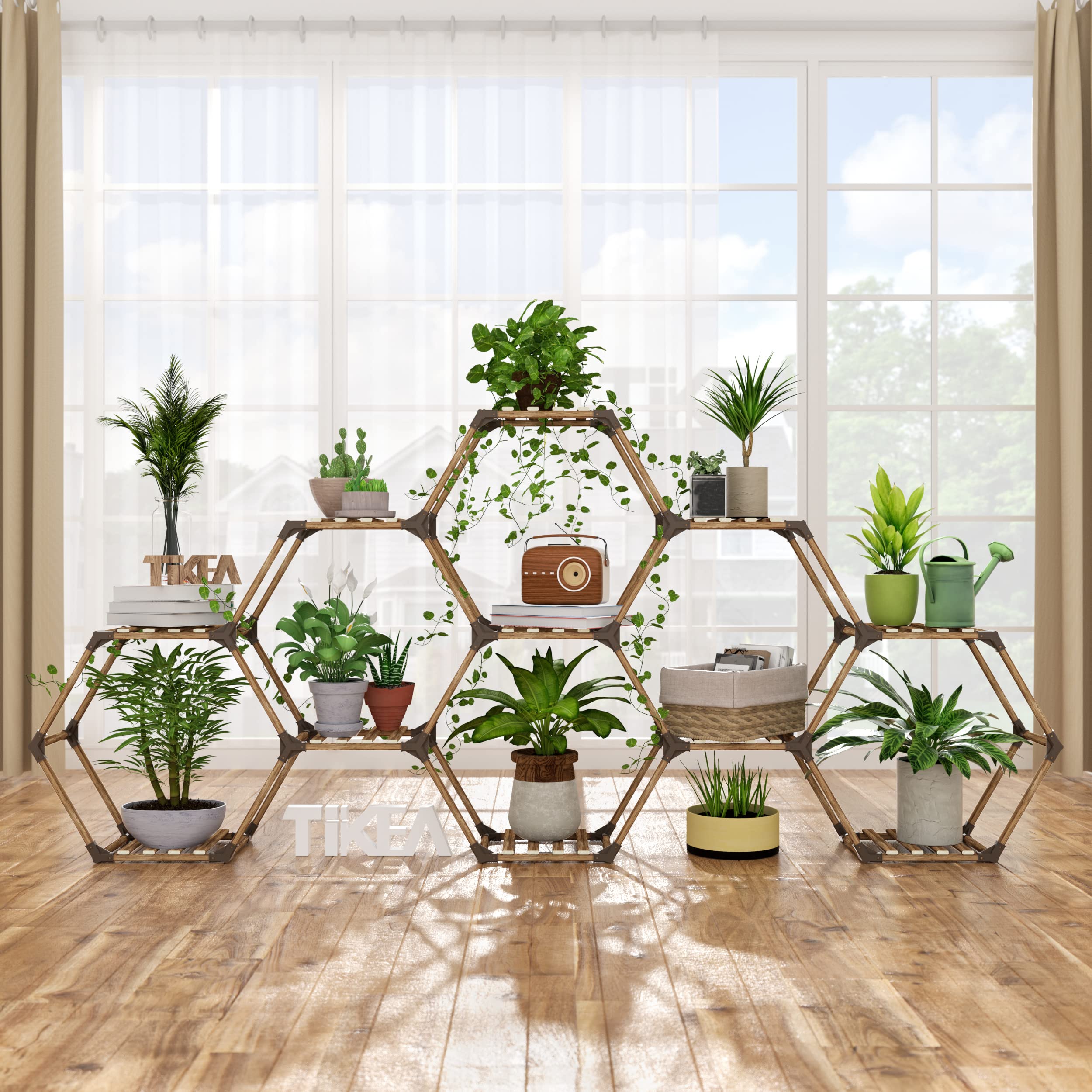 Tikea - Hexagonal Plant Stand Indoor Outdoor Large 11 Tiered Wooden Plant Shelf Indoor Creative Flower Decor for Living Room Balcony Patio