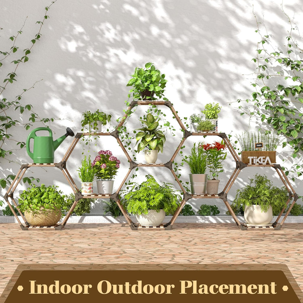 Tikea - Hexagonal Plant Stand Indoor Outdoor Large 11 Tiered Wooden Plant Shelf Indoor Creative Flower Decor for Living Room Balcony Patio