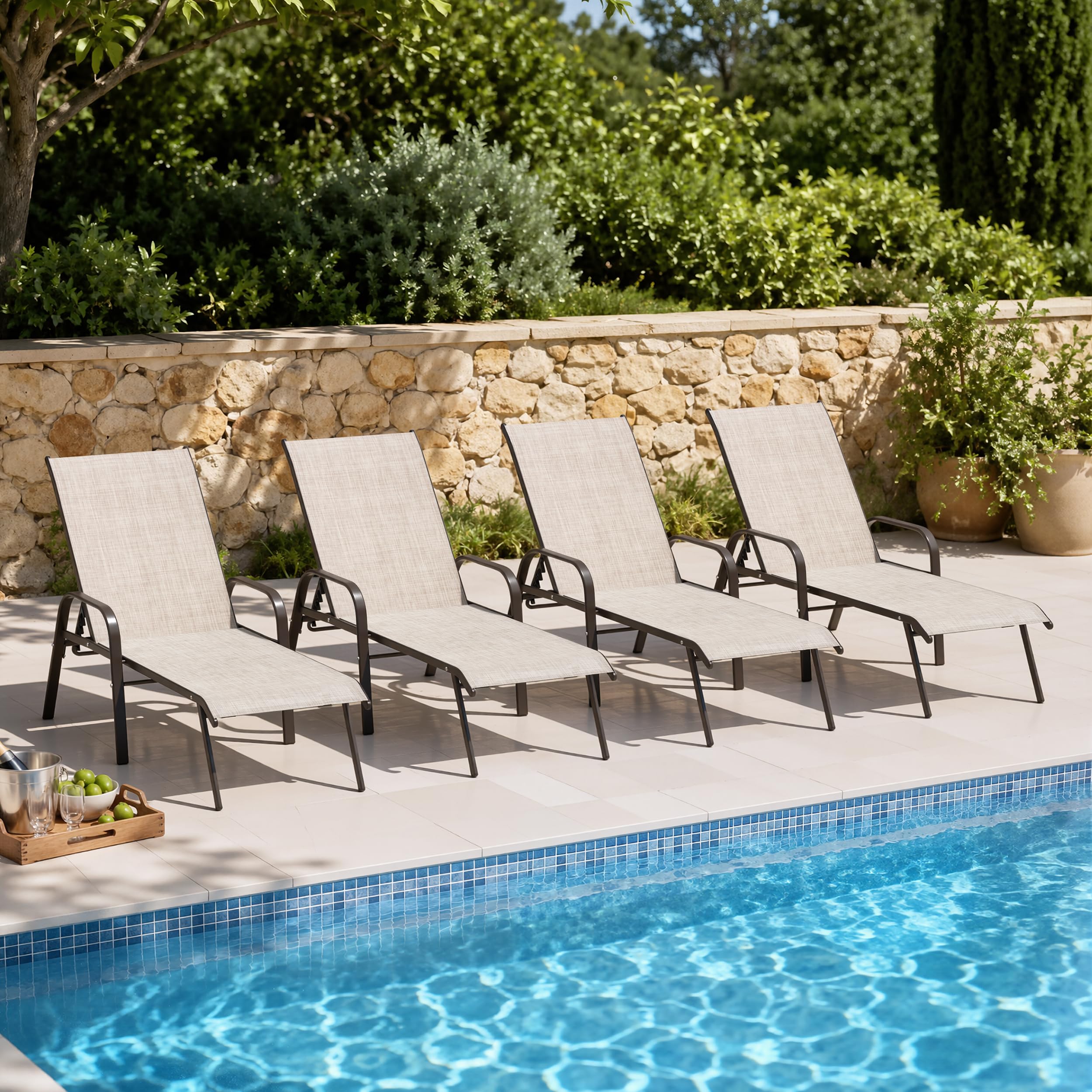 2PC Beige Crestlive Outdoor Chaise Lounge Chair with 5-Position Recline