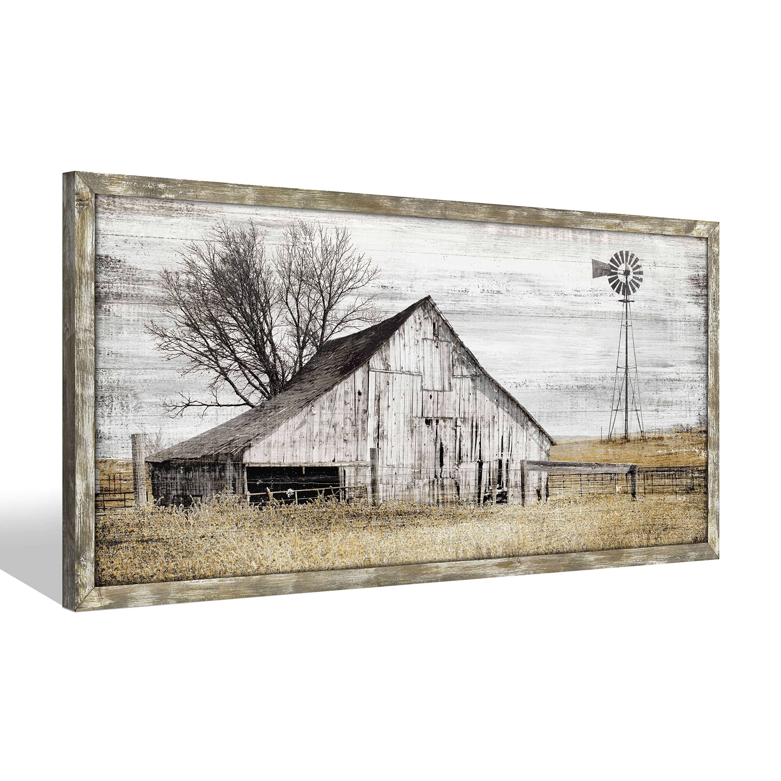 Farmhouse Wood Wall Art Picture: Living Room Framed Rustic Old Barn American Flag Painting Decor Bedroom Large Black White Country Rural Farm Scene Print Horizontal Patriotic Countryside Nature