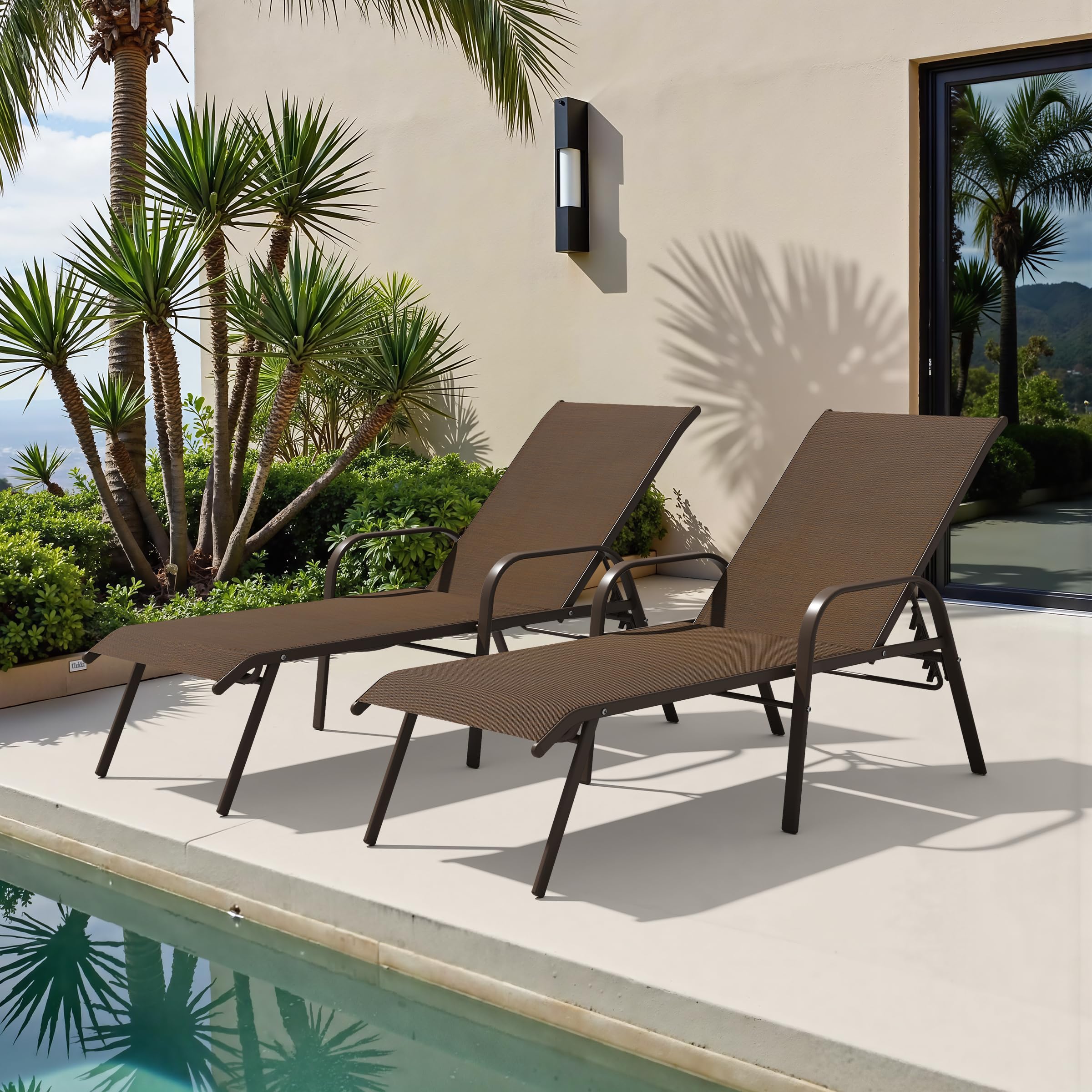 2PC Beige Crestlive Outdoor Chaise Lounge Chair with 5-Position Recline