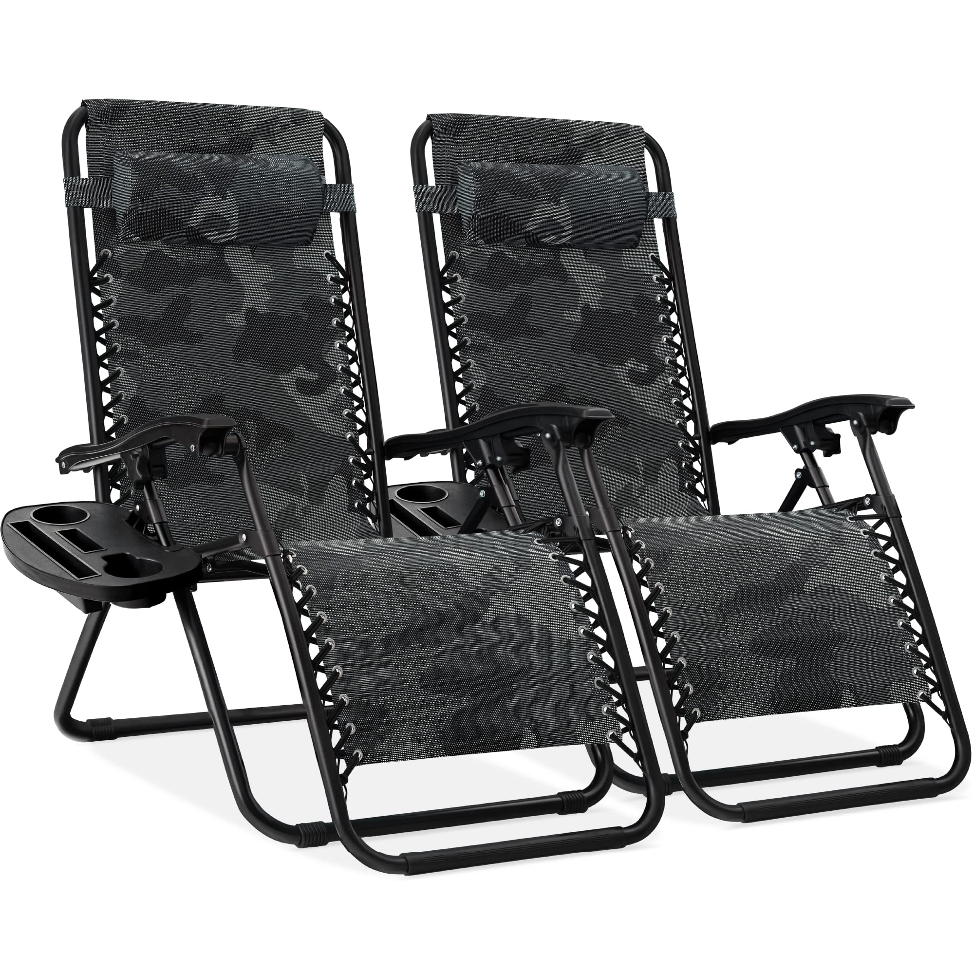 Best Choice Products Set of 2 Adjustable Steel Mesh Zero Gravity Lounge Chair Recliners w/Pillows and Cup Holder Trays - Ice Gray