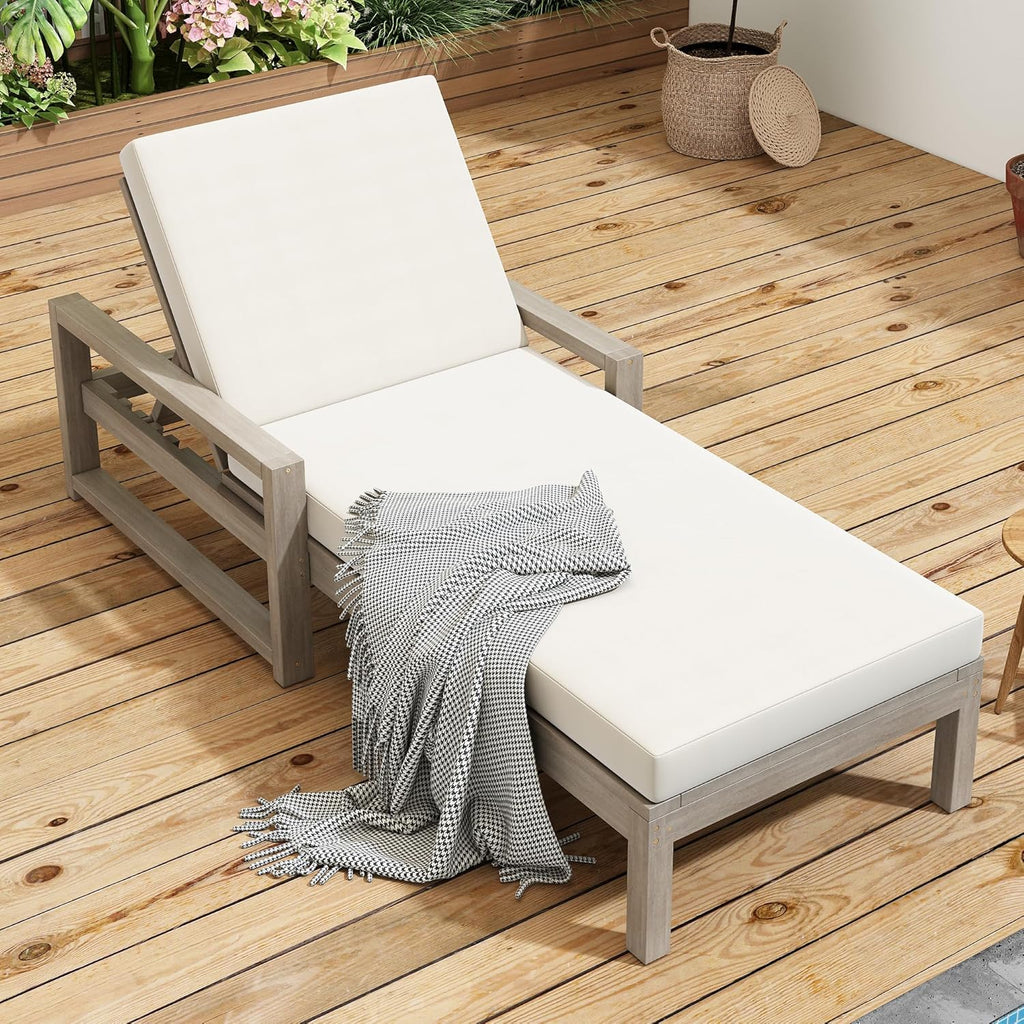 Leisure Zone 5-Position Adjustable Outdoor Chaise Lounge, Solid Acacia Wood Patio Recliner Chair with Beige Thick Weather-Resistant Cushions for Pool, Garden, Balcony (Light Teak)