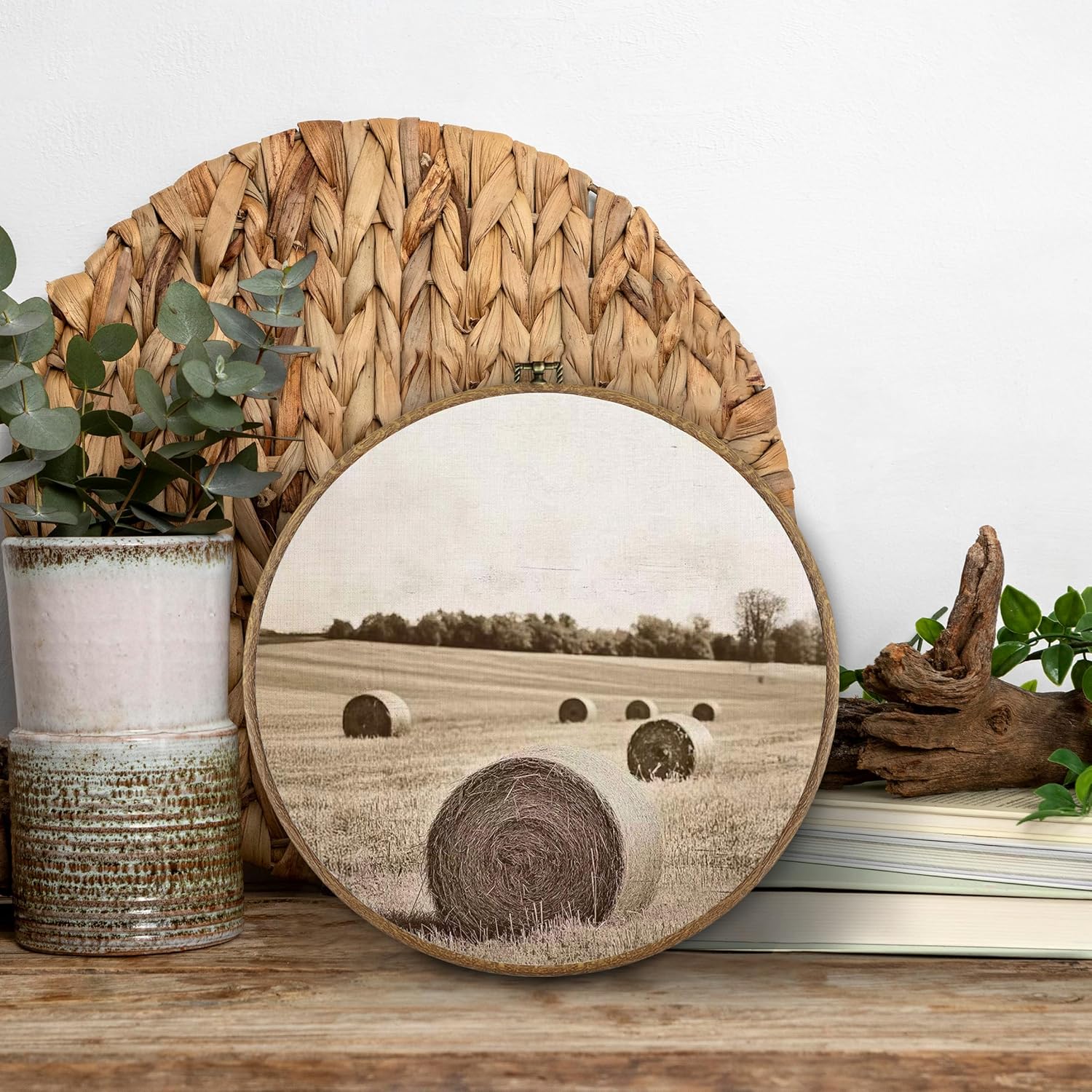 BitKAM Vintage Farmhouse Western Cow Round Wall Art Decor, Rustic Country Canvas Prints Framed, Retro Western Prints Wall Hanging Decorations for Home Bedroom, 10x10 Inch Wall Sculptures Set of 4
