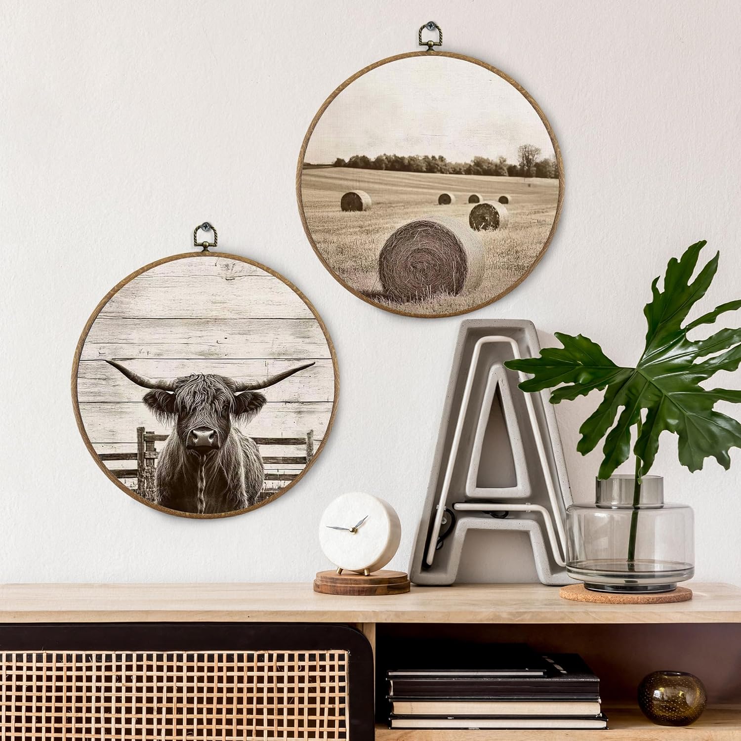 BitKAM Vintage Farmhouse Western Cow Round Wall Art Decor, Rustic Country Canvas Prints Framed, Retro Western Prints Wall Hanging Decorations for Home Bedroom, 10x10 Inch Wall Sculptures Set of 4