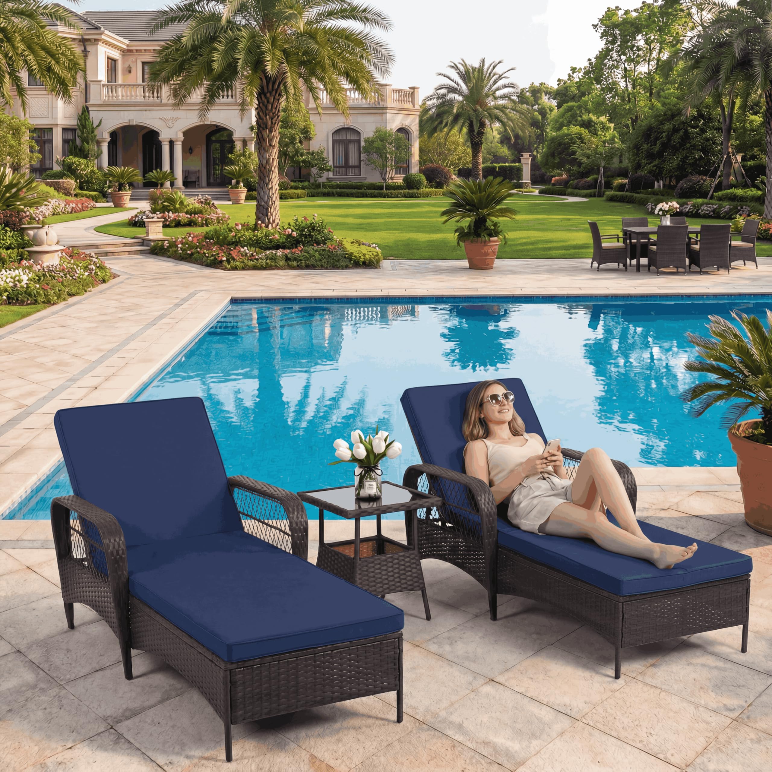 LEVELEVE Outdoor Wicker Chaise Lounge Sets, Patio Recliner Chairs with Tea Table
