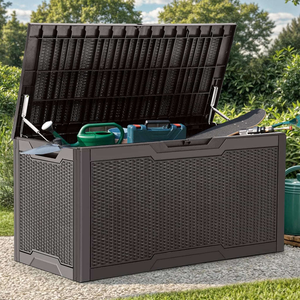 YITAHOME 100 Gallon Resin Deck Box, Weather Resistant Outdoor Storage Box, Lockable Indoor Outdoor Storage for Supplies and Essentials, Dark Brown