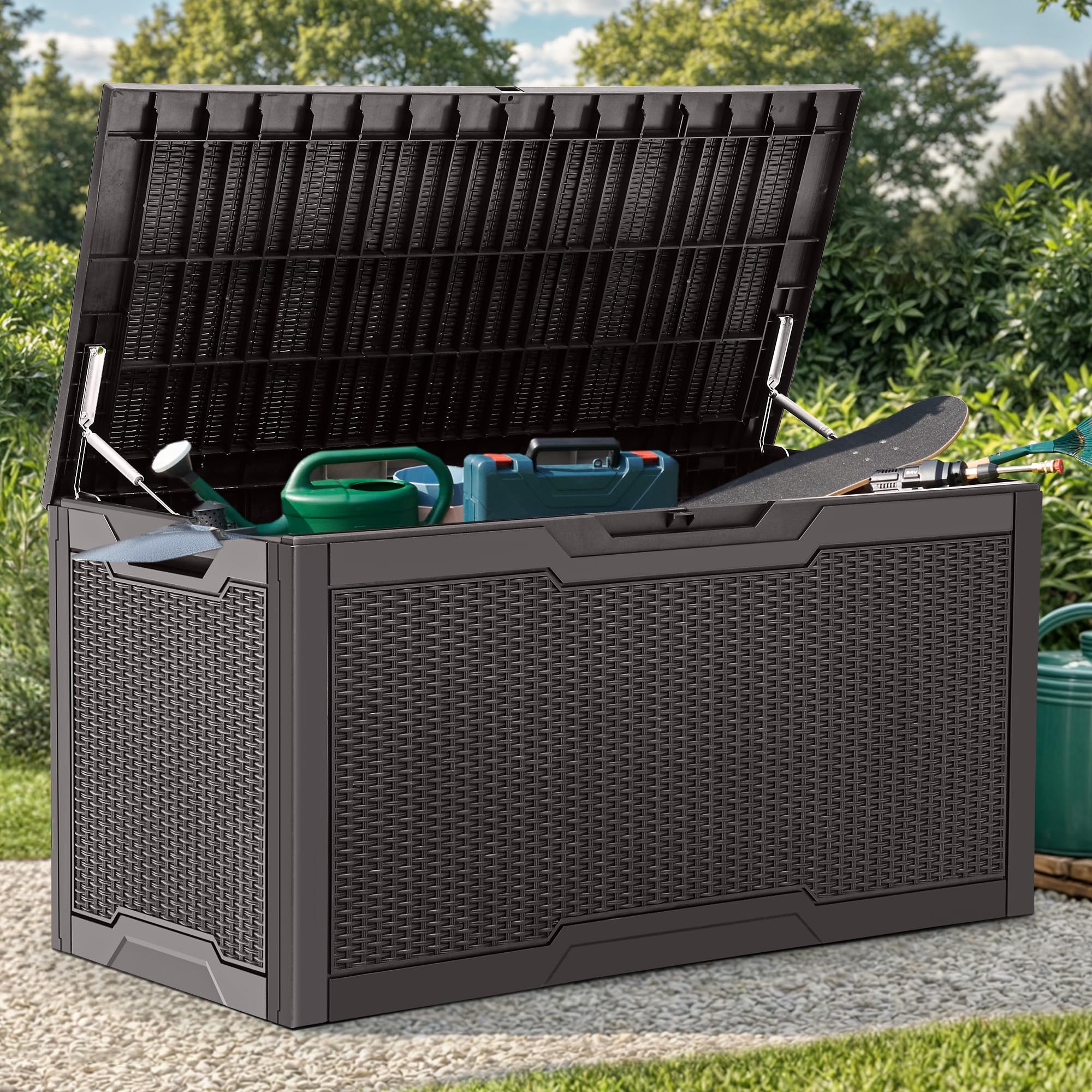 YITAHOME 100 Gallon Resin Deck Box, Weather Resistant Outdoor Storage Box, Lockable Indoor Outdoor Storage for Supplies and Essentials, Dark Brown